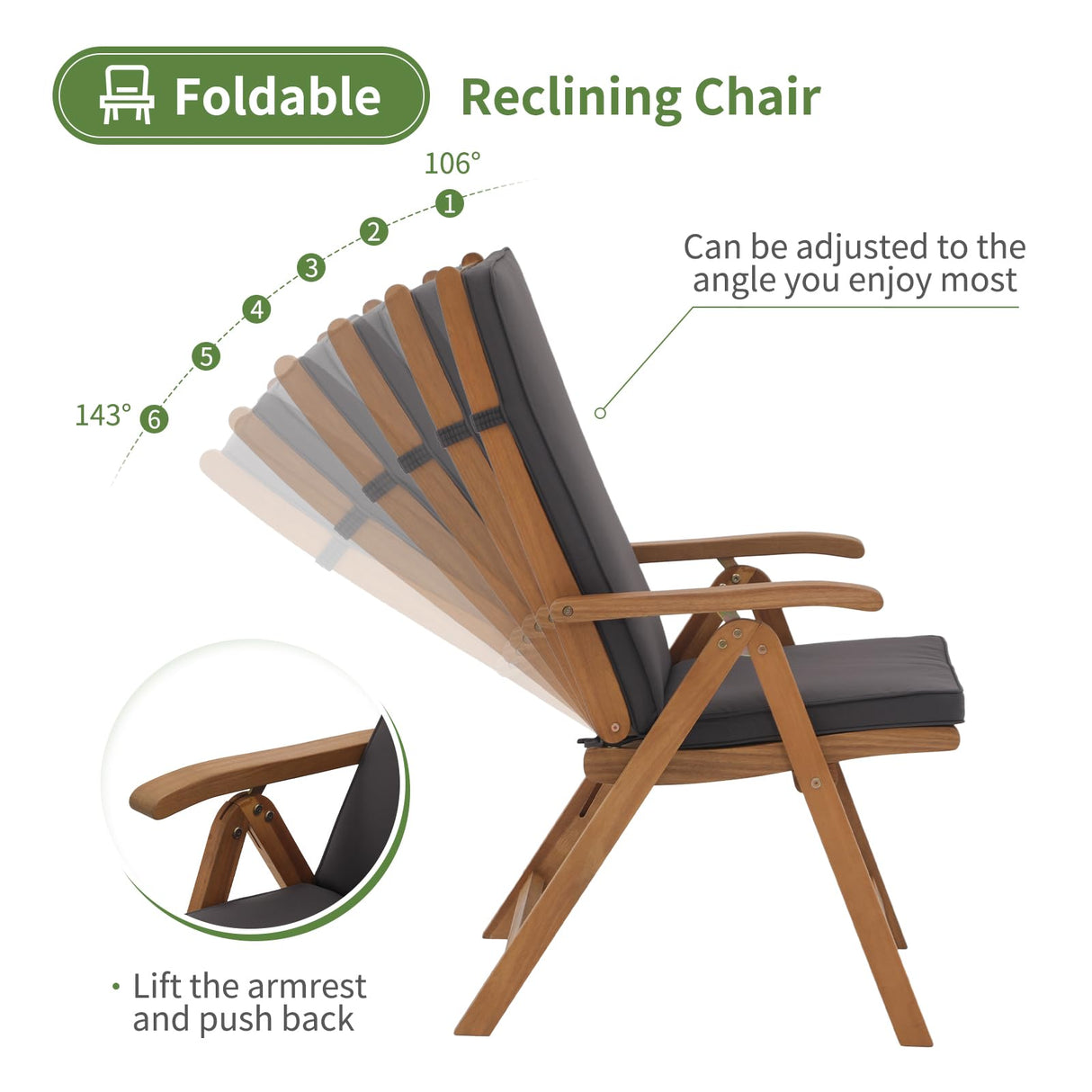 OC Orange-Casual Folding Patio Dining Chair Set of 2, Outdoor Acacia Wooden Reclining Chair w/Armrest & Removeable Cushion, FSC Certified Wood, for Porch, Backyard, Garden, Indoor, Dark Grey OC Orange-Casual