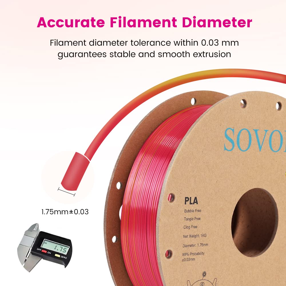 Sovol PLA Filament Silk Tri Color Co-Extrusion 1.75mm, 3D Printer Filament 1kg/ 2.2lbs, Shiny Silk Rose Blue Yellow 3 in 1 Coextrusion PLA Material +/-0.03mm Sovol