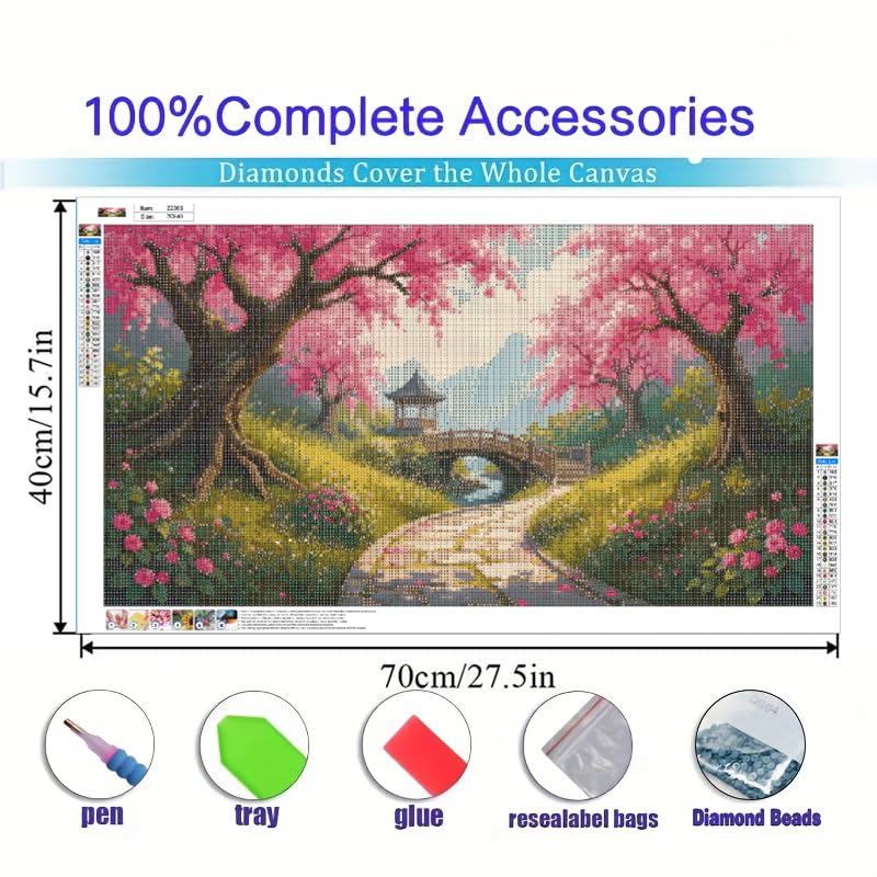 Pixendra Landscape Diamond Art Kits for Adults,DIY 5D Sakura Diamond Painting Kits for Beginners,Bridge Round Full Drill Diamond Dots Picture Gem Art Craft for Home Wall Gifts 15.7x27.5 inch Pixendra