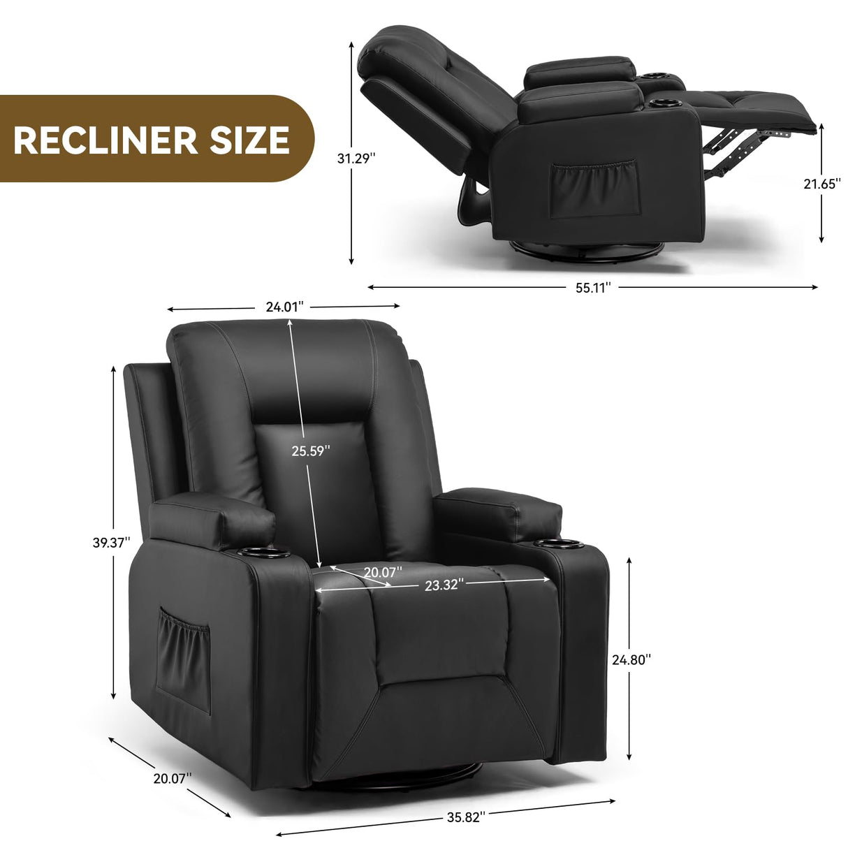 COMHOMA Recliner Chair, Swivel Rocker Recliners, Massage and Heat Reclining Chair, Reclining Sofa with Side Pockets, Cup Holders for Living Room, Bedroom (Black) COMHOMA
