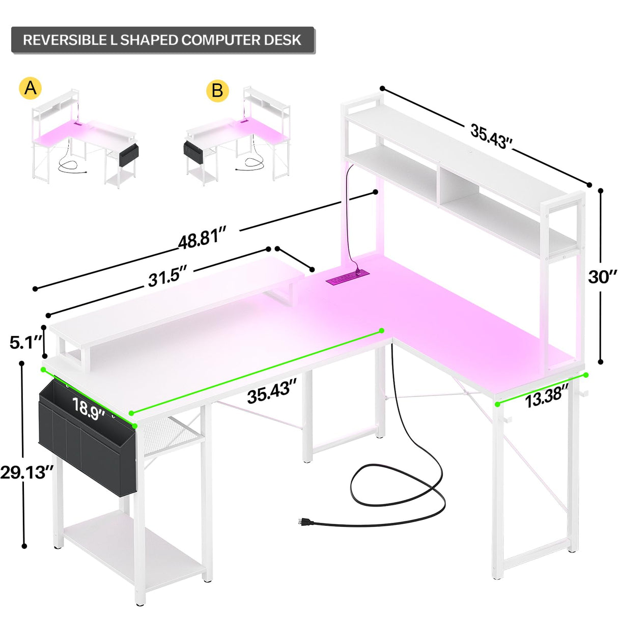 Aheaplus Small L Shaped Desk with Charging Port & LED Strip, Reversible L-Shaped Gaming Desk Computer Desk with Monitor Stand & Storage Shelf, Corner Desks Home Office Desk with Storage Bag, White Aheaplus