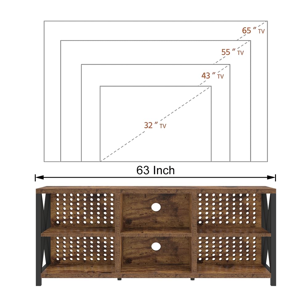 LVB TV Stand for 75 Inch TV, Industrial Wood and Metal Entertainment Center with Storage Shelf, Modern Television Media Console Table with Cabinet for Living Room Bedroom, Rustic Brown, 63in LVB