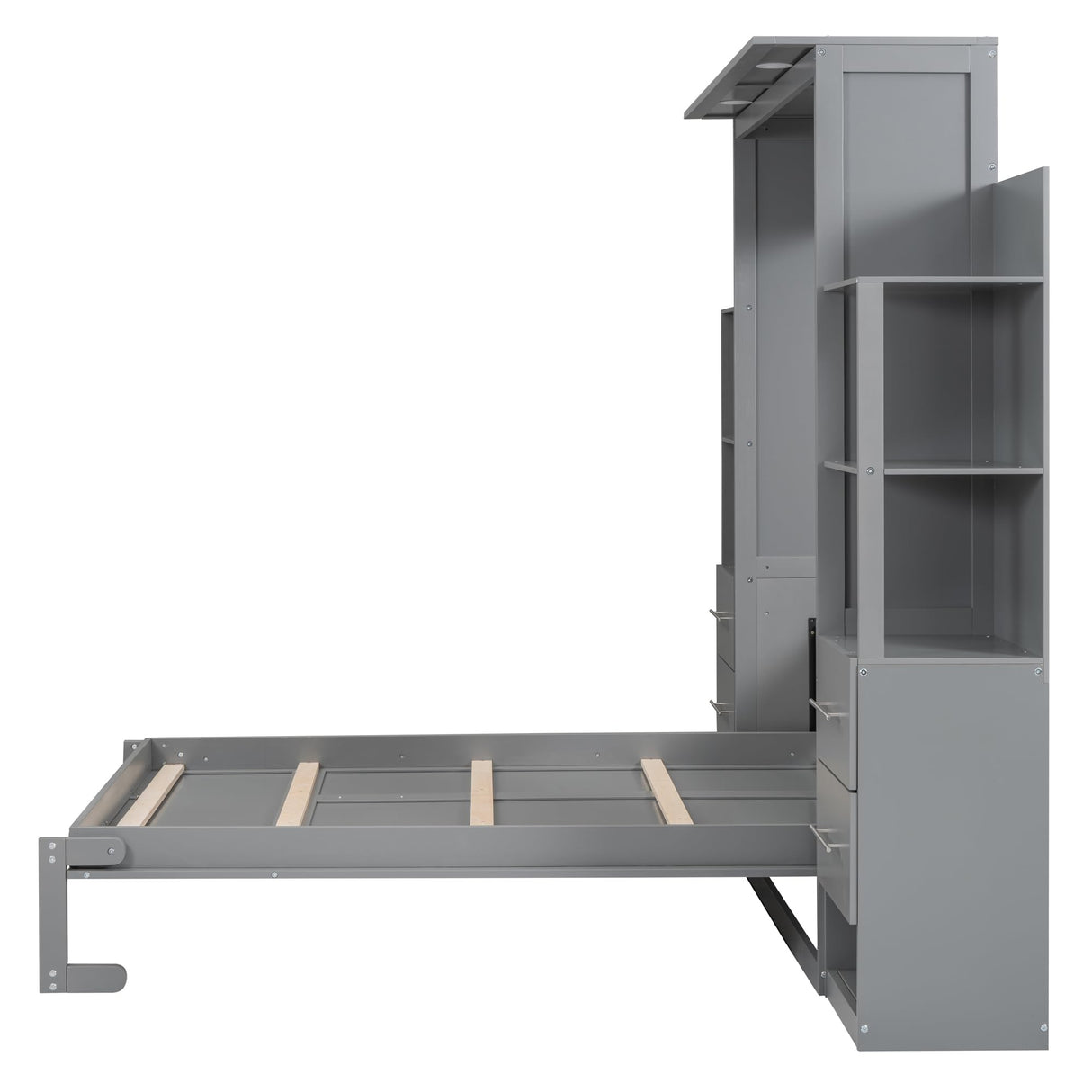 Merax Full Size Murphy Bed, Wooden Full Wall Bed with Shelves, Drawers and LED Lights, for Home Office or Small Room, Gray Merax