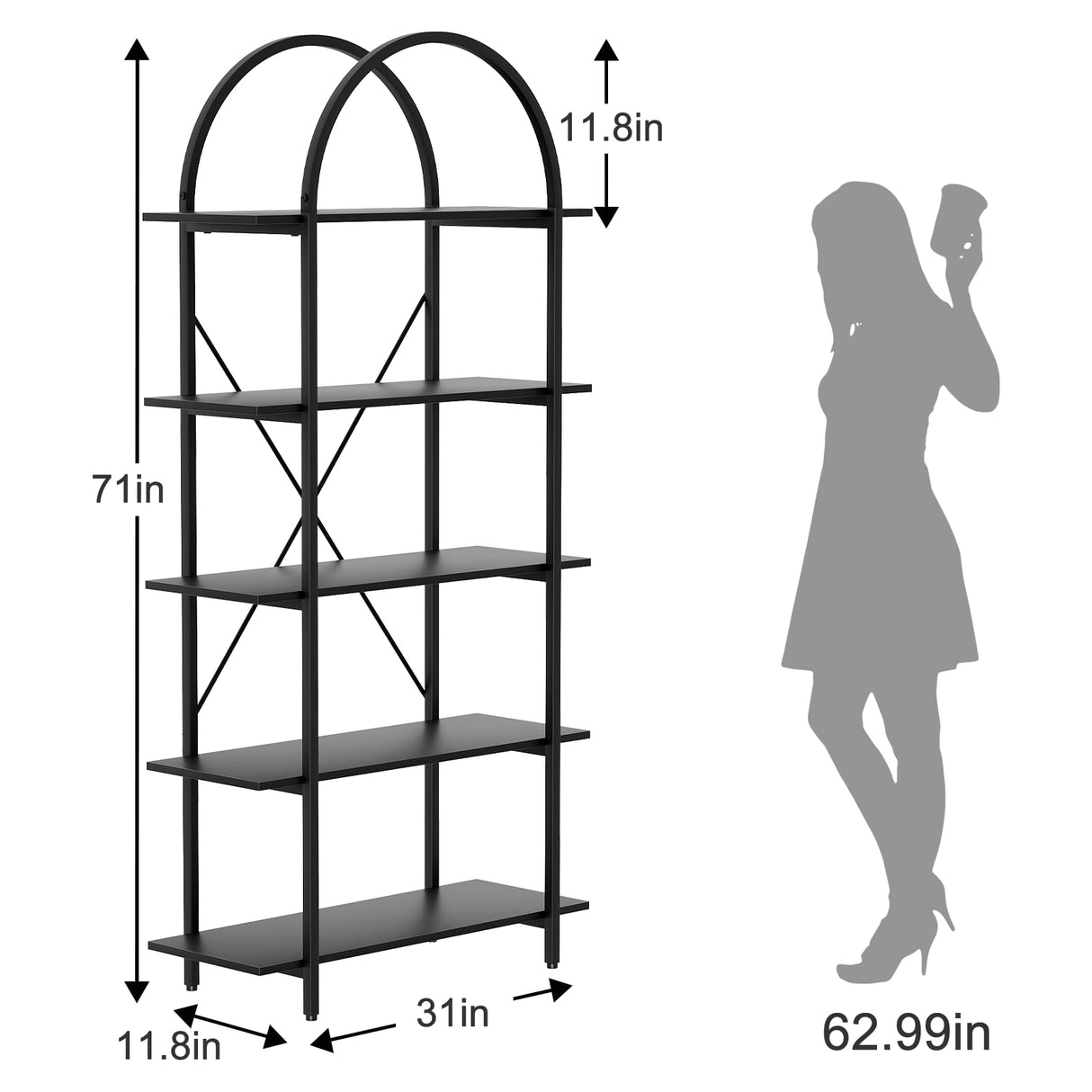 Arbuxzuy Arched Bookshelf 5 Tier Book Shelf, 31.5 Inch Width Industrial Arch Bookcase, Curved Tall Bookshelf with Open Shelves for Home Office, Living Room, Bedroom, Black Arbuxzuy