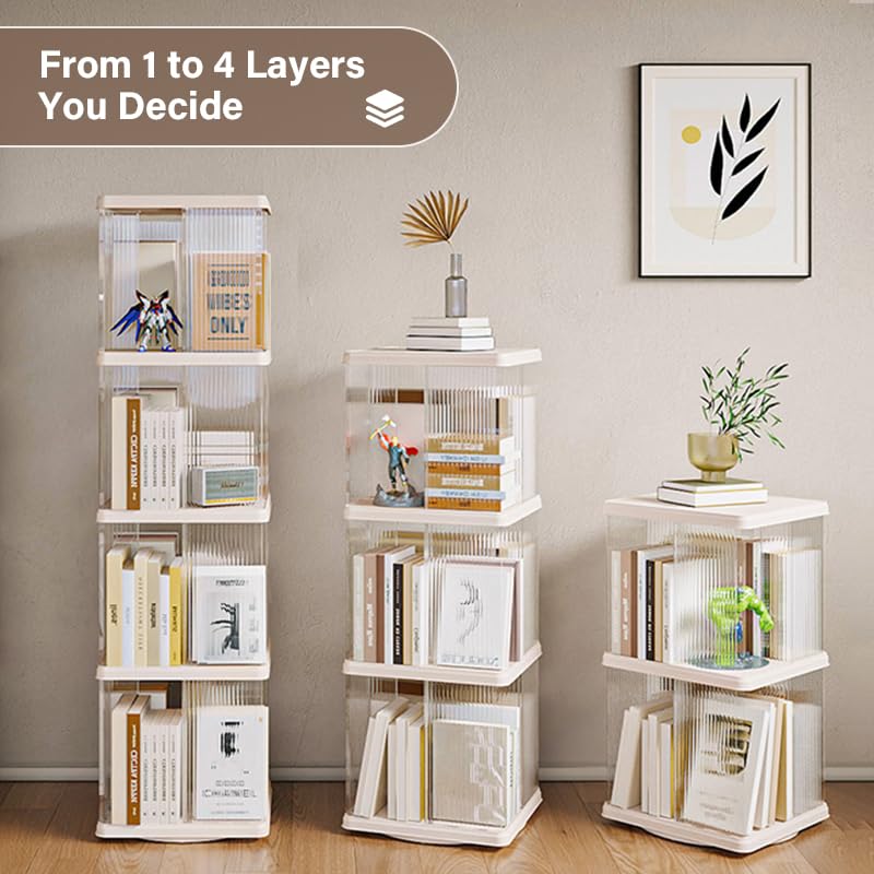 Compact 360-Degree Rotating Bookshelf for Small Spaces - SYNCVIBE 4-Tier Floor Standing Bookcase in White SYNCVIBE