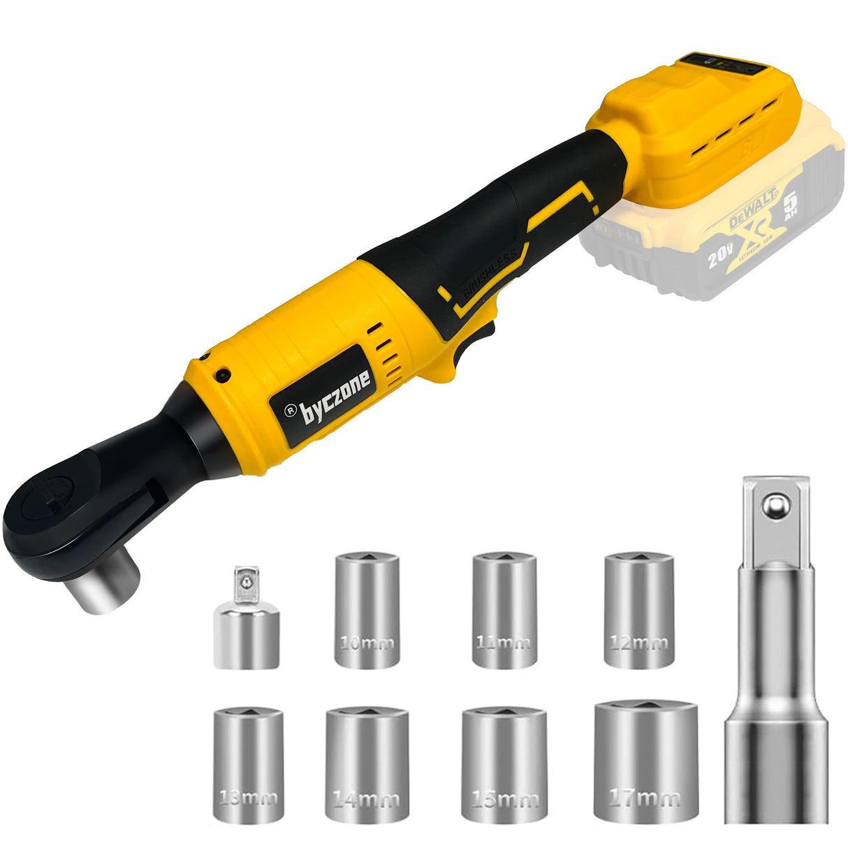 3/8" Brushless Ratchet Wrench Compatible with DEWALT 20V Battery, 74Ft-Lbs Electric Cordless Ratchet, Square Drive Wrench with Variable Speed, 1/4" Adapter, 3" Extension Bar & 7 Sockets (Tool Only) byczone