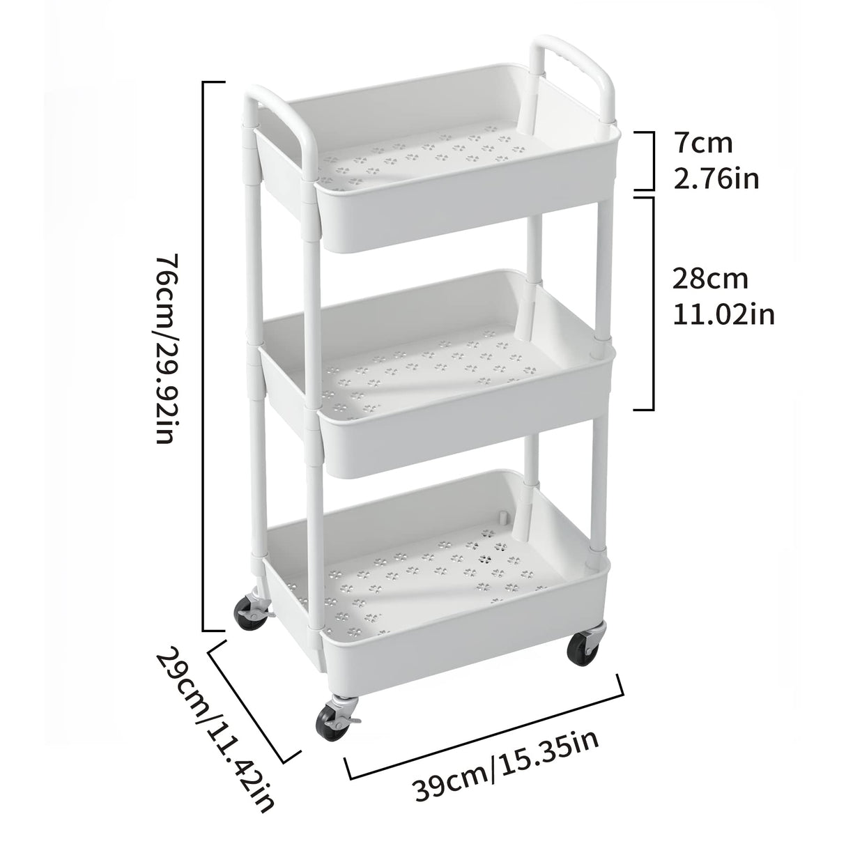 Sywhitta 3-Tier Plastic Rolling Utility Cart with Handle, Multi-Functional Storage Trolley for Office, Living Room, Kitchen, Movable Storage Organizer with Wheels, White Sywhitta