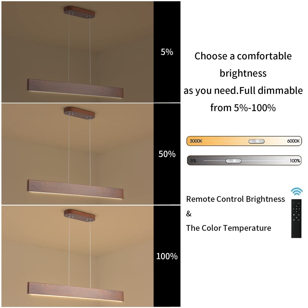 YISDESIGN 39.4" Wood Linear Pendant Light 24w Led Dimmable Dining Room Light Wood Kitchen Island Pendant Hanging Light for Kitchen Island Office Lights Walnut Color YISDESIGN