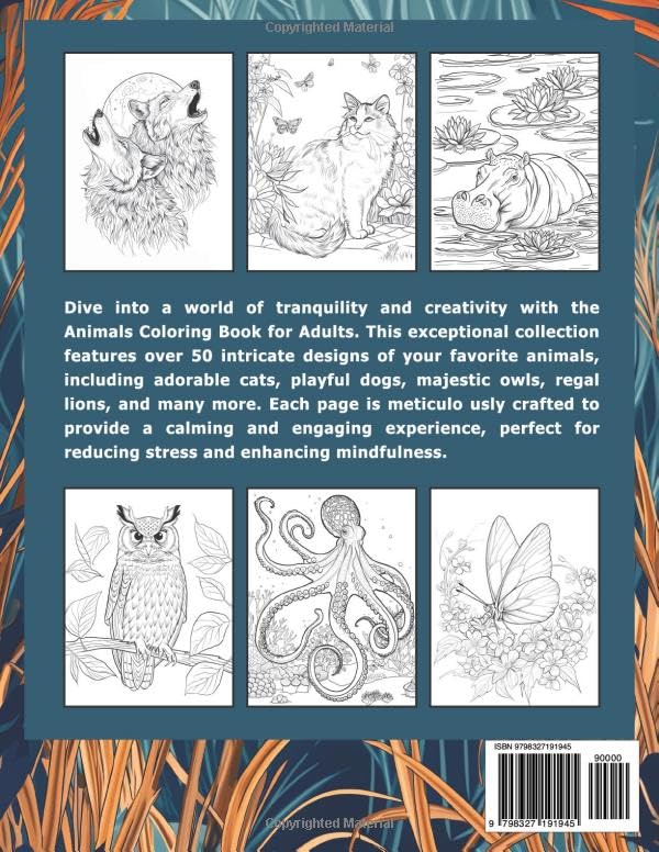 Animals Coloring Book for Adults: 50+ Intricate Designs for Stress Relief and Mindfulness - Relaxing Pages Featuring Cute Cats, Dogs, Owls, Lions, and More WoodArtSupply