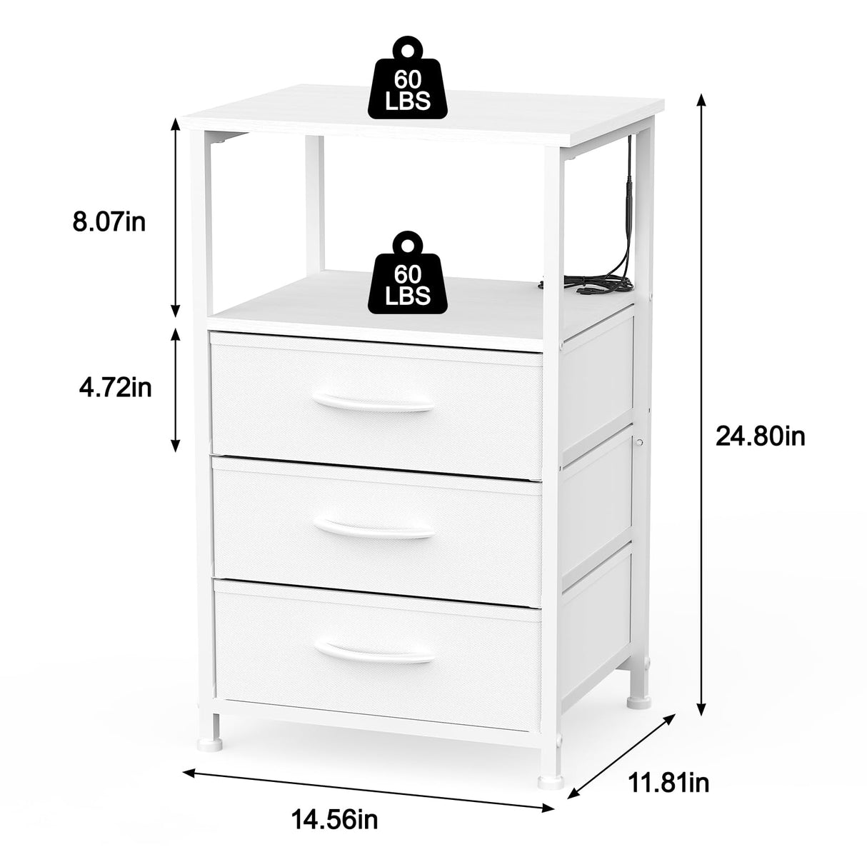 Dicasser Nightstand with Drawers,White NightStand with LED Light, Bedside Table with 3 Fabric Drawers for Bedroom, Modern Night Stand for Small Spaces,White Dicasser