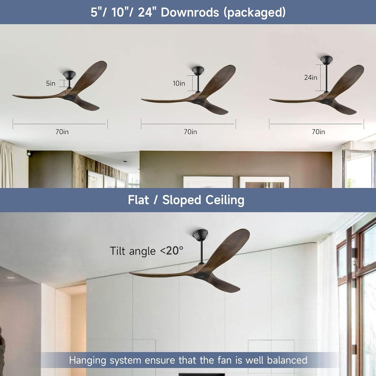 NWIASS 70 Inch Outdoor Ceiling Fans for Patios, Modern Ceiling Fan No Light with Remote Solid Wood Ceiling Fan Damp Rated, 3 Blade Large Ceiling Fan for Indoor High Low Sloped Ceiling, DC Ceiling Fan NWIASS