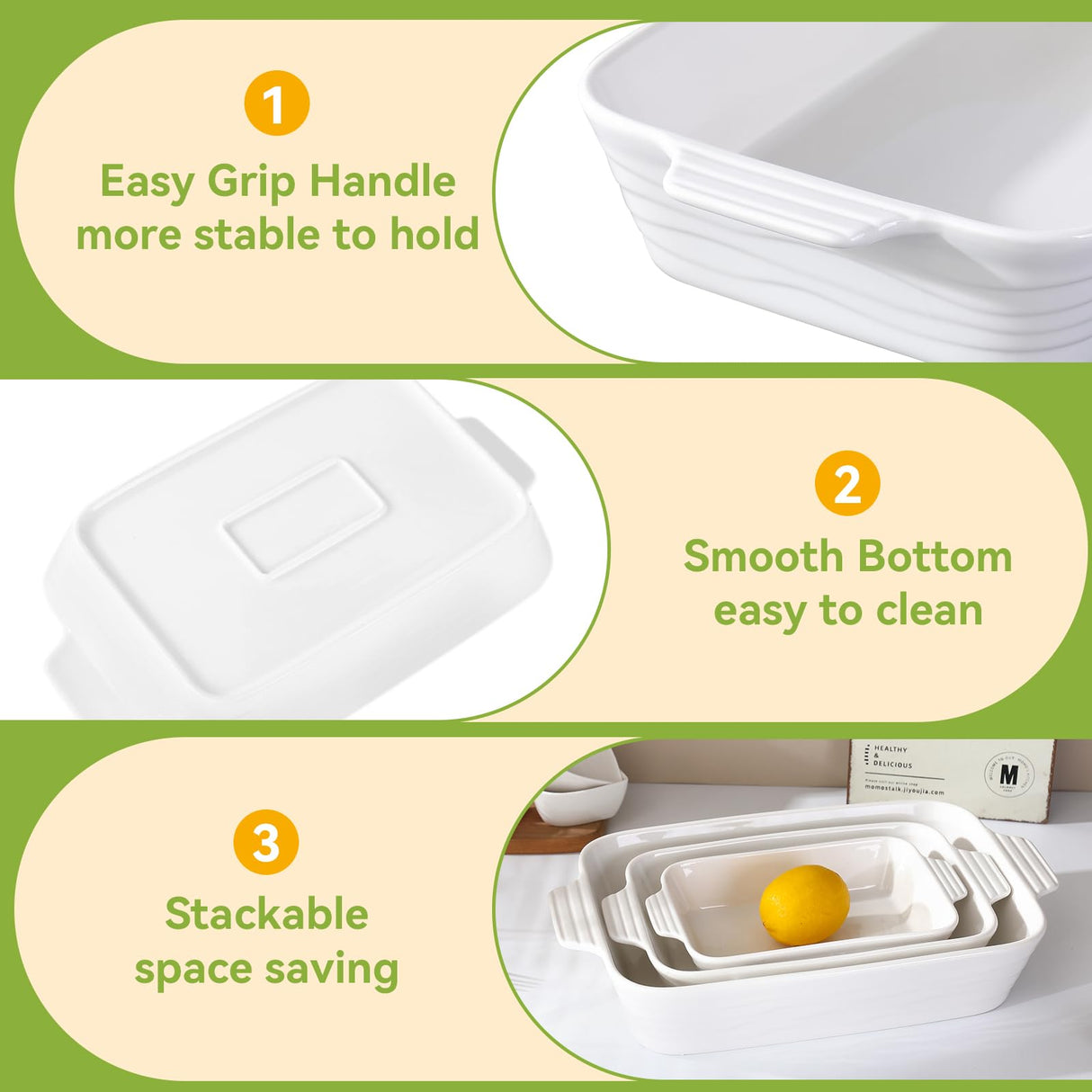 Baking Dish for Oven Casserole Dishes Bakeware Set With Ramekin Ceramic Lasagna Pan 9×12.8 Inch Large Deep Baking Dishes Rectangular Non-Stick Baking Pans for Kitchen Baking and Roasting White RUYOLIKS