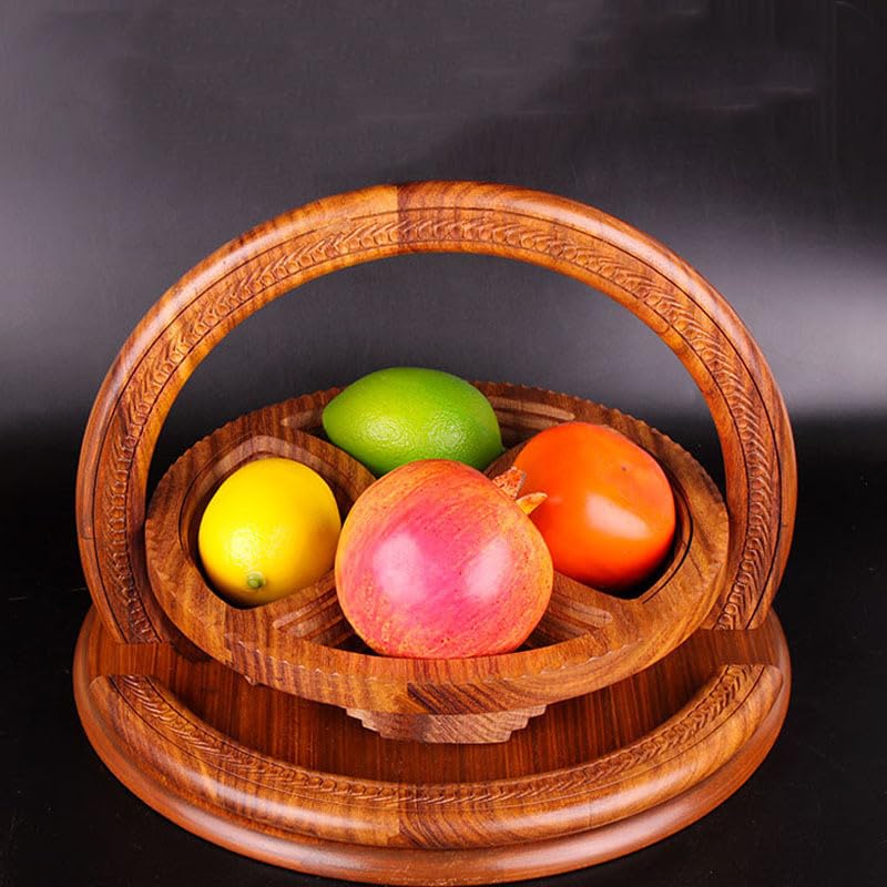 DSKMED Handmade Wood Carving Fruit Plate -Wooden Fruit Basket, Foldable Bamboo Dried Fruit Basket Collapsible Bread Nuts Baskets, (C) DSKMED