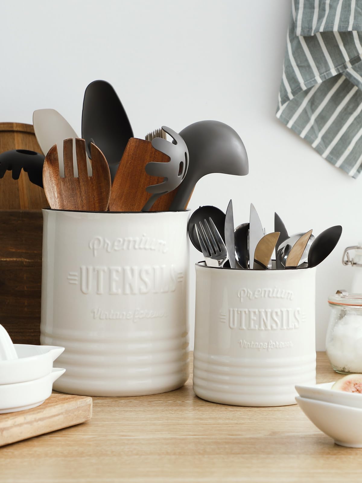 DOWAN 7.2″ Extra Large Kitchen Utensil Holder - Farmhouse Utensil Holder for Countertop - Ceramic Utensil Crock with Protection Cork Mat - Kitchen Decor & Housewarming Gift (White) DOWAN