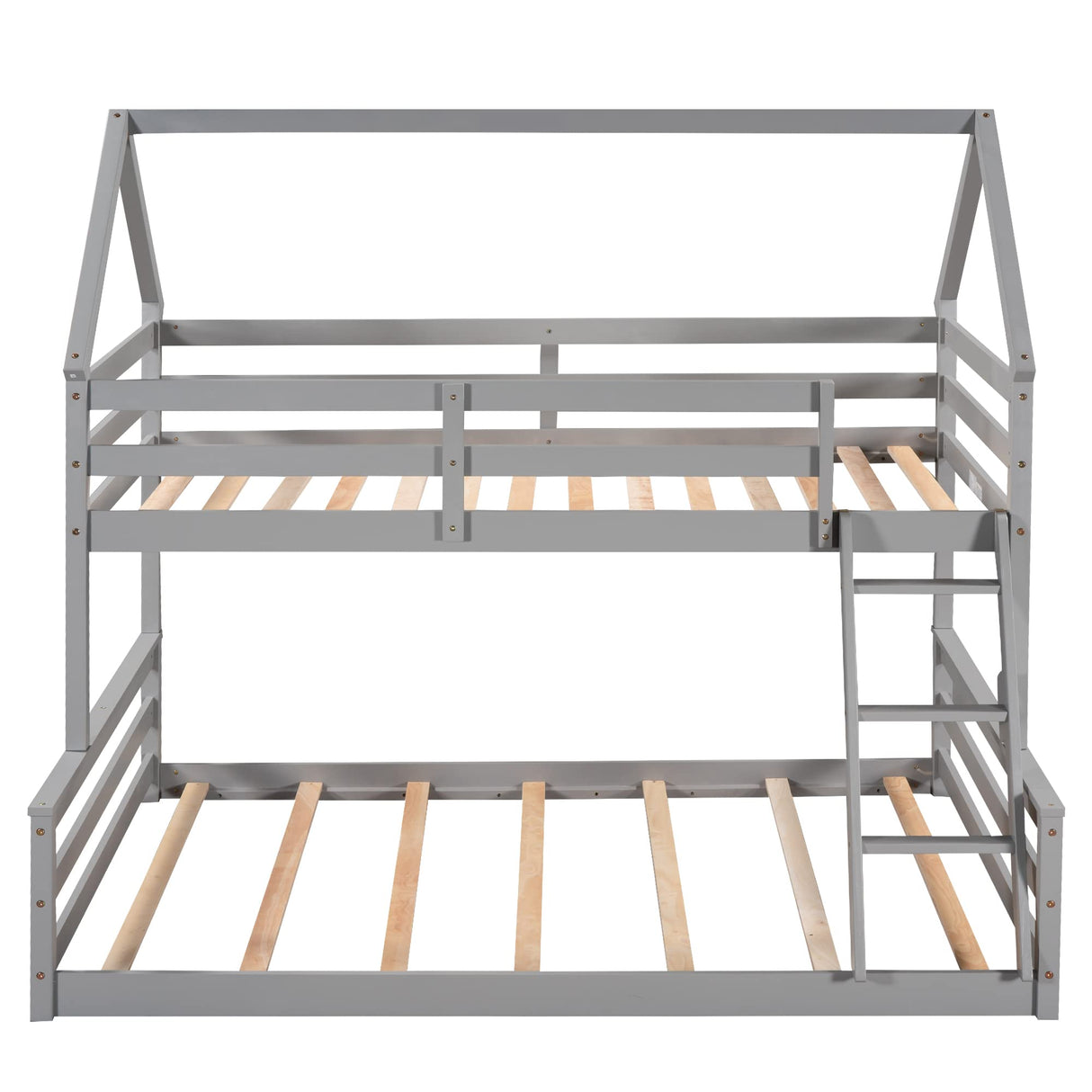 Merax House Floor Bunk Bed with Ladder Twin Over Full,Wood Low Bunk Bed for Kids Juniors, Space-Saving,No Box Spring Needed Gray Merax