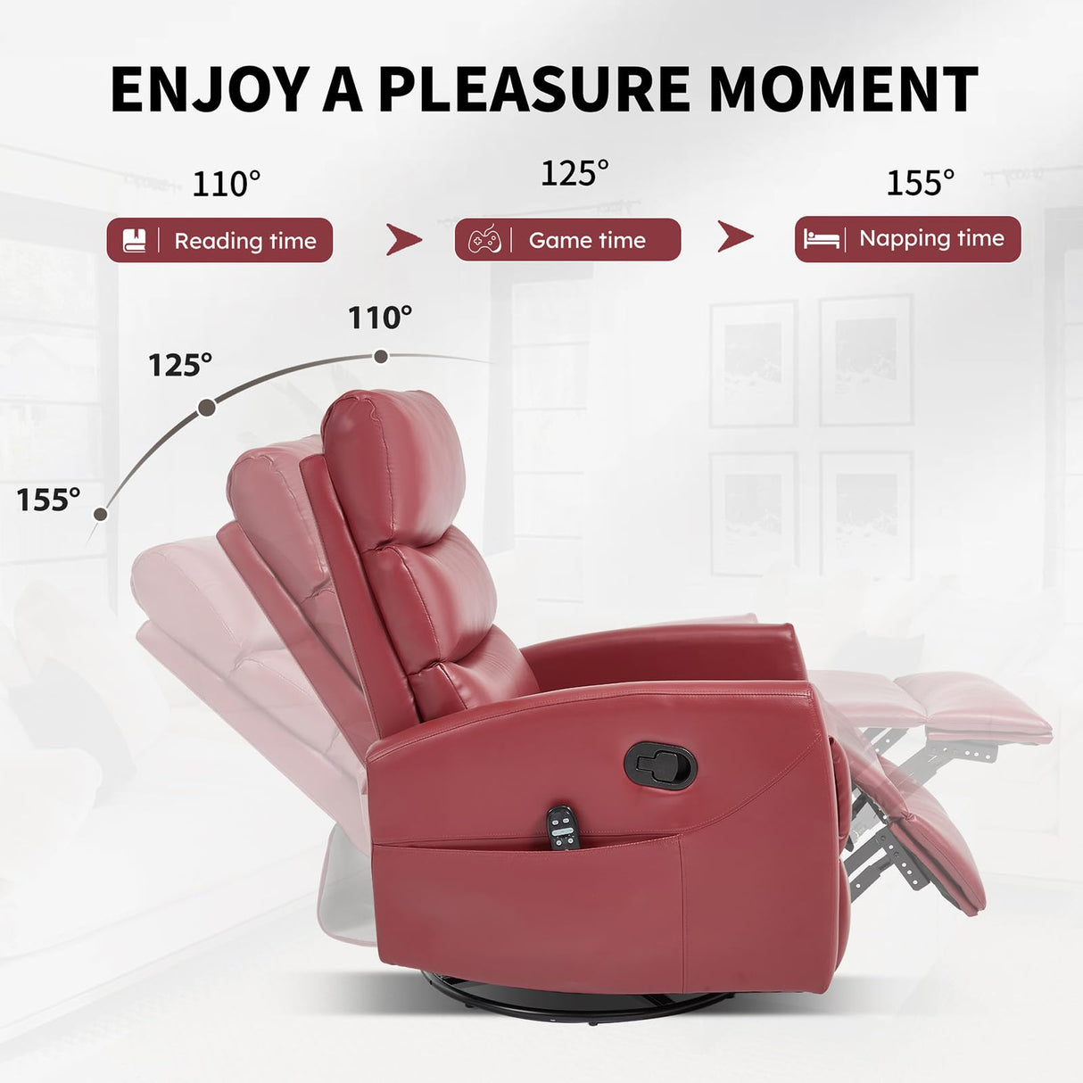 Rocker Recliner Chair with Heat, 360° Swivel Glider for Adults, Faux Leather Reclining Chair with 8-Point Vibration Massage for Small Spaces, Lumbar Suppor (Red) Anwick