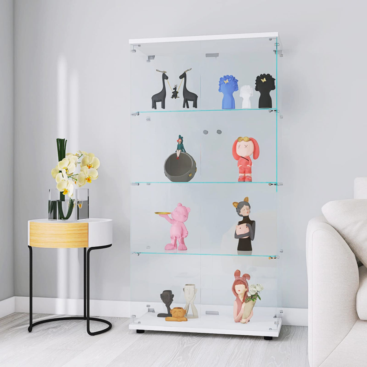 Zacis Modern 4-Tier Glass Display Cabinet with Doors - Stylish Floor Standing Curio for Living Room and Bedroom Zacis