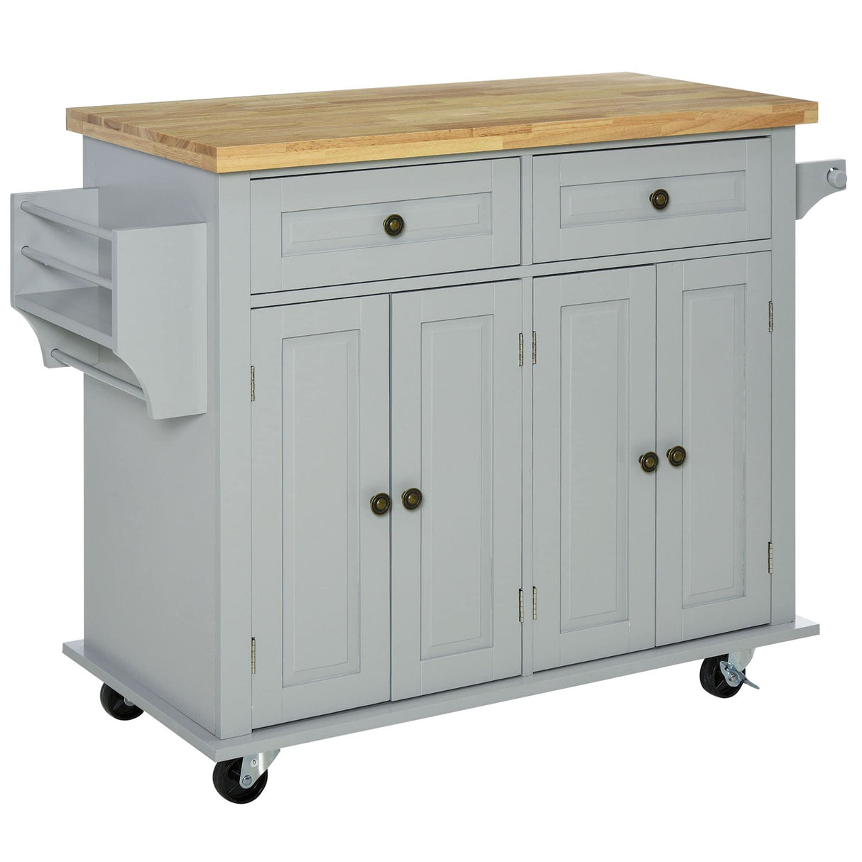HOMCOM Kitchen Island on Wheels, Rolling Cart with Rubberwood Top, Spice Rack, Towel Rack and Drawers for Dining Room, Grey HOMCOM