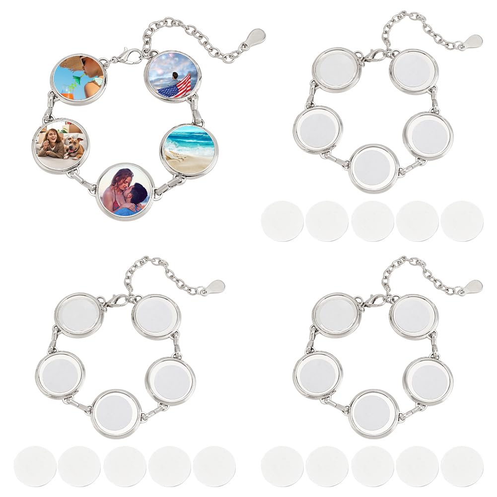 PH PandaHall 4 Sets Sublimation Bracelets, Heat Transfer Bracelet Round Photo Bezel Tray Sublimation Blank Adjustable Bracelet Bezel Setting with Cabochon for Christmas Bracelet Jewerly Making Wedding PH PandaHall