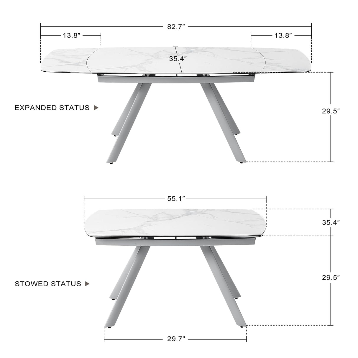 Extendable Dining Table for 6-8 Seat, 55.1'' to 82.7'' Sintered Stone Oval Kitchen Table, Modern Dining Room Table with Rounded Corner for Kitchens, Dining Room, Office Areas(White Glossy Tabletop) SIMTONAL