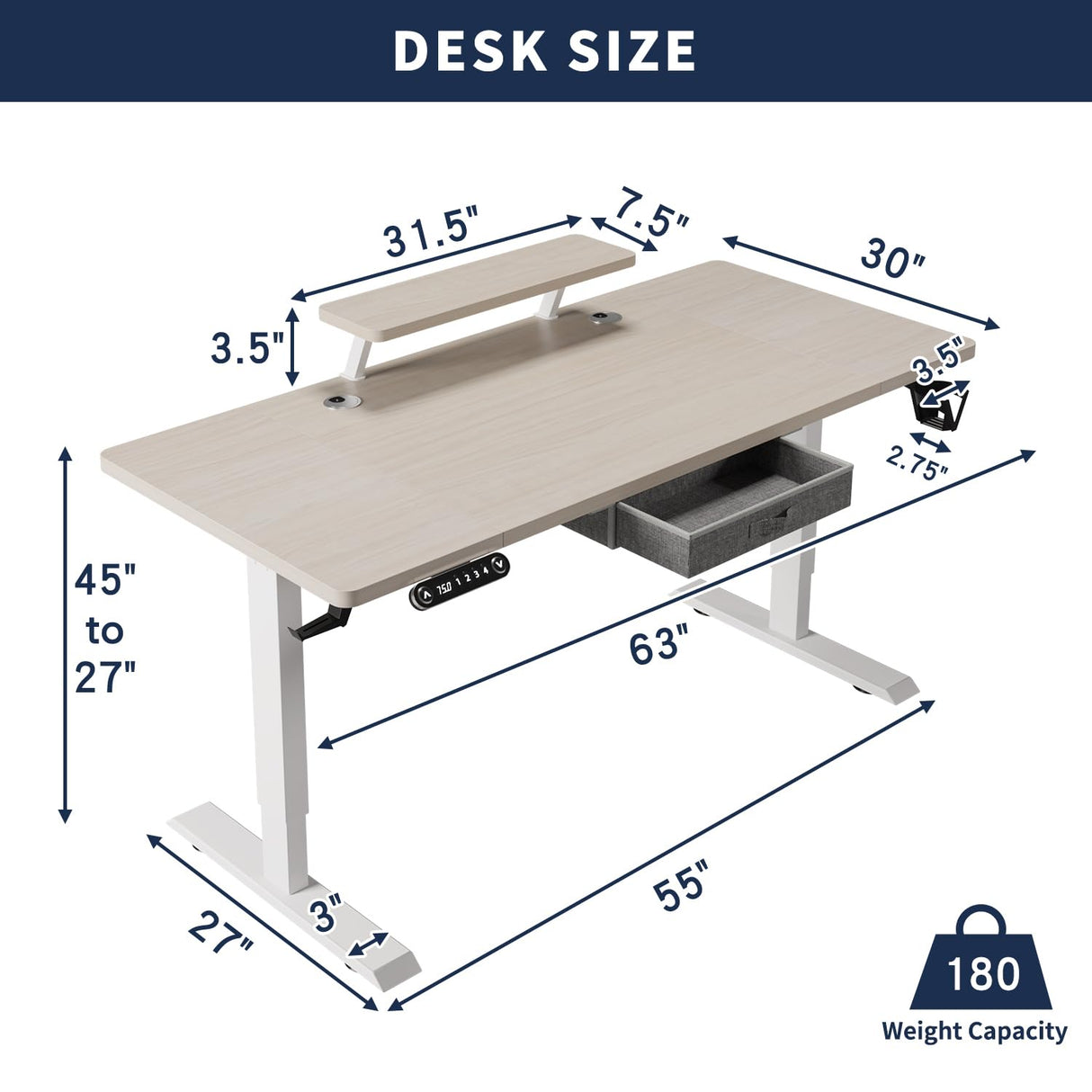 HEONAM Electric Standing Desk with Drawer, 63x30 Inches Height Adjustable Sit Stand Up Desk with Storage Shelf, Home Office Desk Computer Workstation with White Pearwood Top/White Frame HEONAM