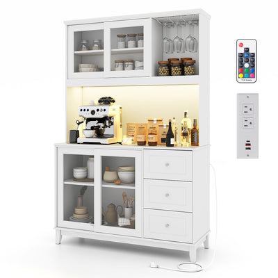 SILKYDRY 73” Kitchen Pantry Storage Cabinet, Buffet Hutch w/Power Outlets & Led Lights, Tall Cupboard w/Wine Glass Racks, Adjustable Shelves, Drawers, Microwave Stand for Dining Room (White)