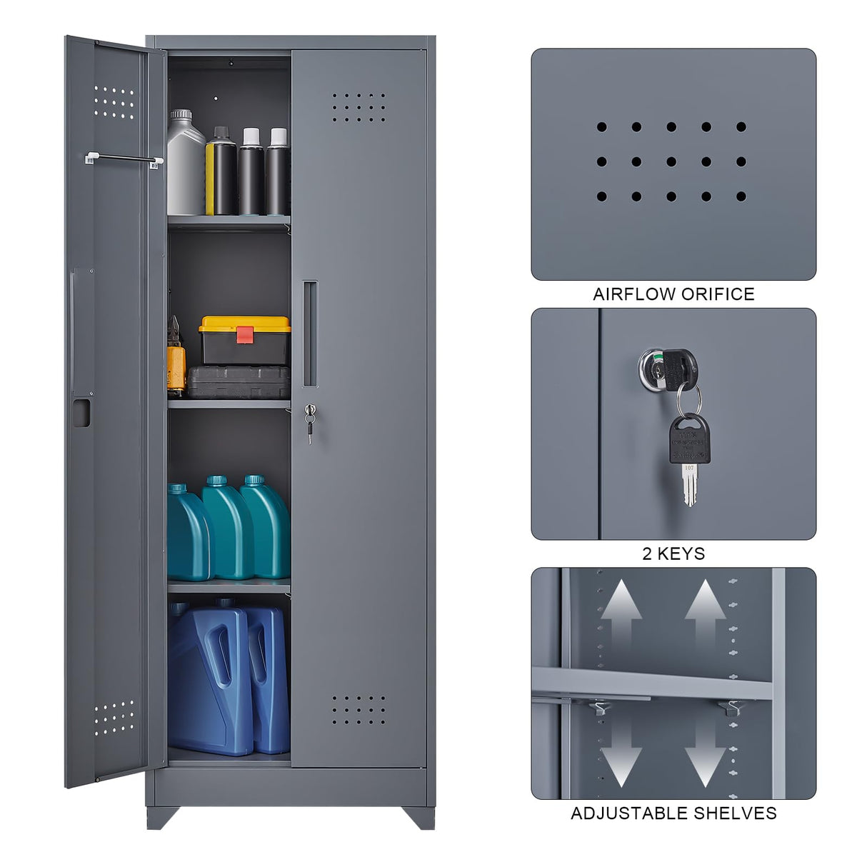 FATIGOS 65''H Broom Closet Storage Cabinets, Metal Utility Closet Storage Cabinet, Indoor Cleaning Cabinet with Adjustable Shelves and S-Hooks for Bathroom,Garage FATIGOS