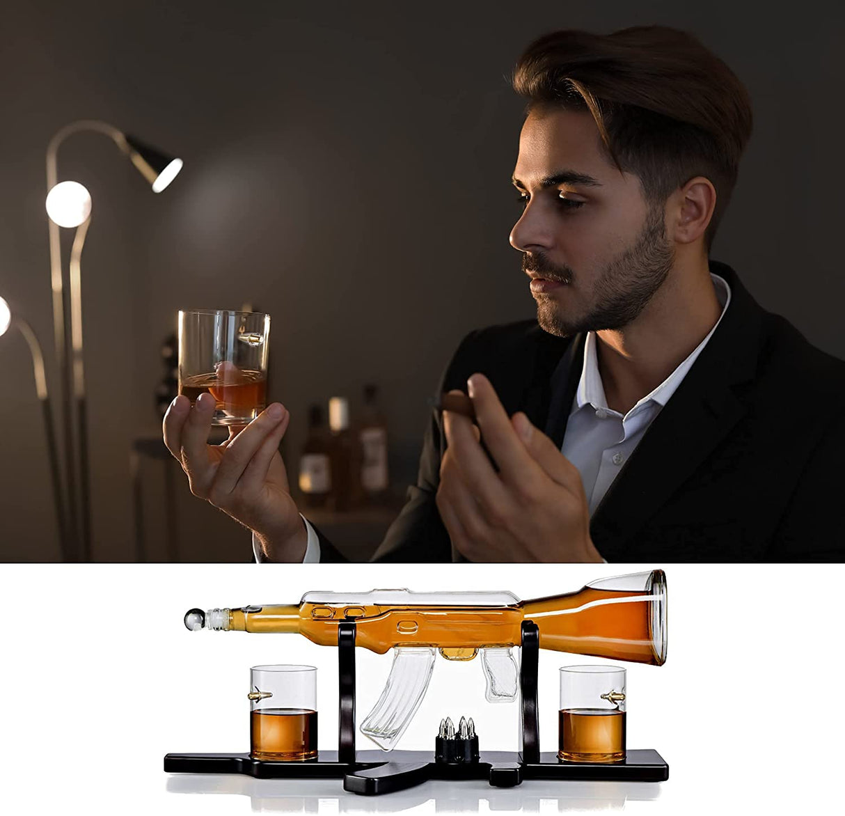 Gun Large Whiskey Decanter Set Bullet Glasses and Bullet Chilling Stones on Rifle Shaped Rich Wood Classic Mahogany Base Tray - Gift Packaging - for Liquor Scotch Bourbon - Gift for Him - By Bezrat Bezrat