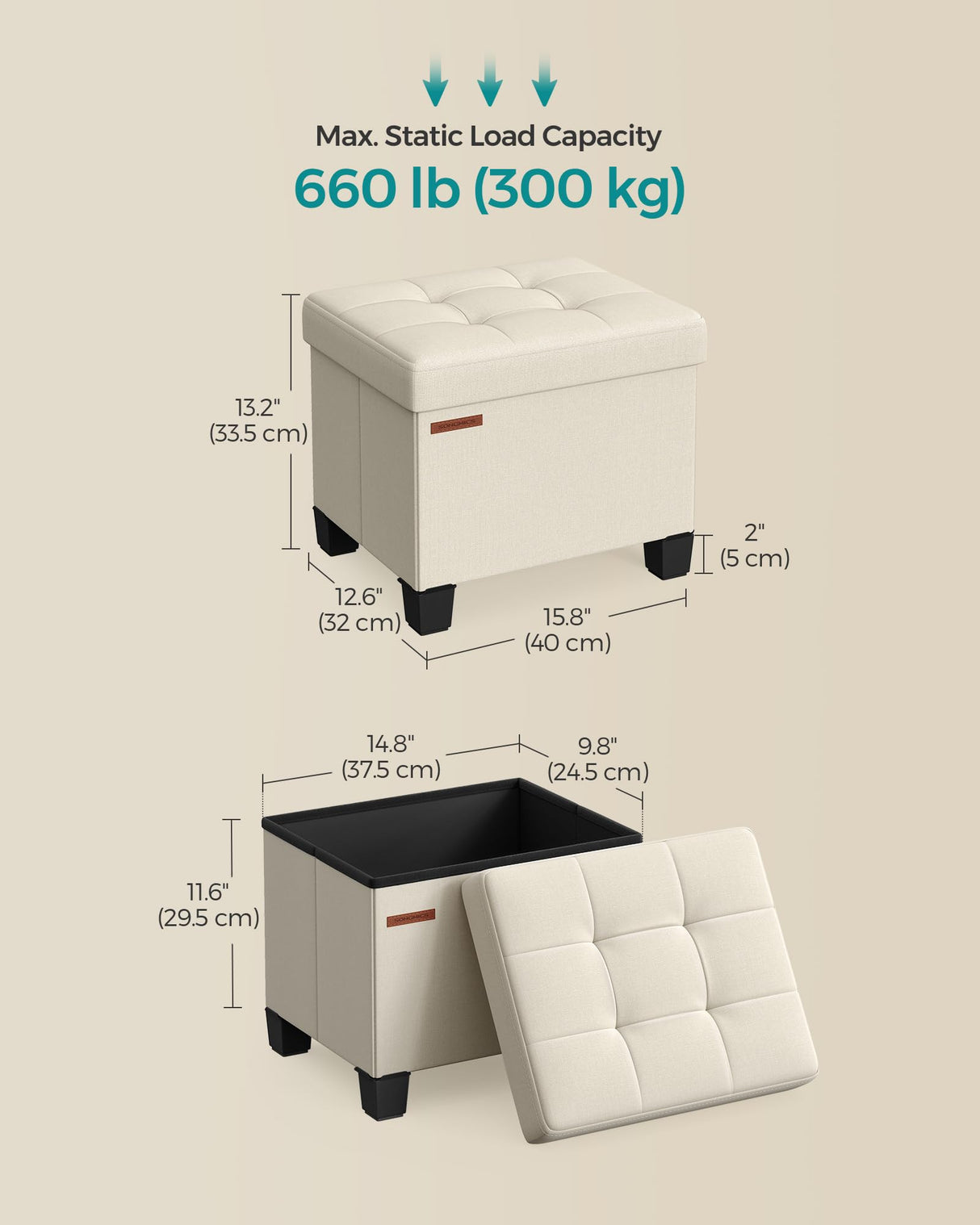 SONGMICS Storage Ottoman, Small Ottoman Foot Rest with Legs, 12.6 x 15.8 x 13.2 Inches Foot Stool, Ottoman with Storage, Load up to 660 lb, for Living Room, Bedroom, Dorm, Cream White ULSF012W01 SONGMICS