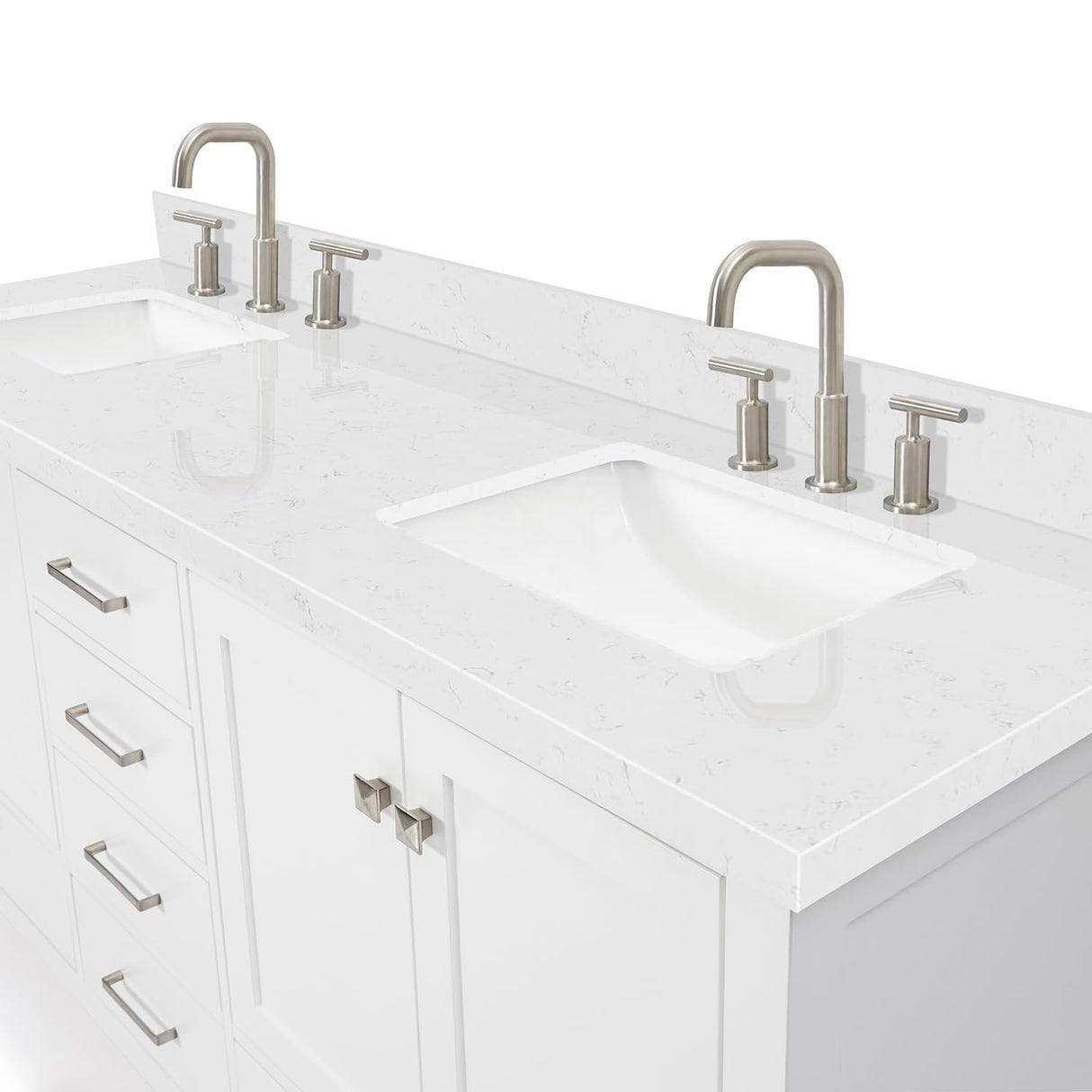 ARIEL Cambridge 72" White Double Vanity, 1.5" Edge Carrara White Quartz Countertop & Splash, Rectangular Sinks, 4 Soft Closing Doors, 6 Full Extension Dovetail Drawers, Brushed Nickel ARIEL