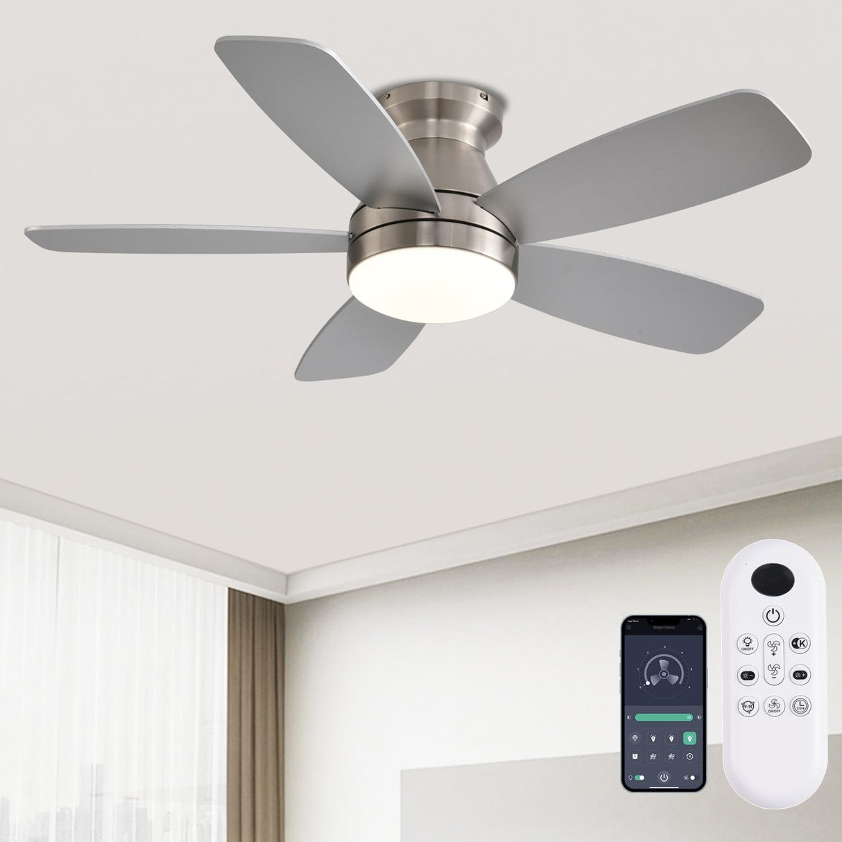 JSAITEE Ceiling Fans with Lights, 42 Inch Low Profile Ceiling Fan with Light and Remote/App Control, Flush Mount, Reversible, 3CCT, Dimmable, Noiseless, Nickel Ceiling Fan for Indoor/Outdoor Use JSAITEE