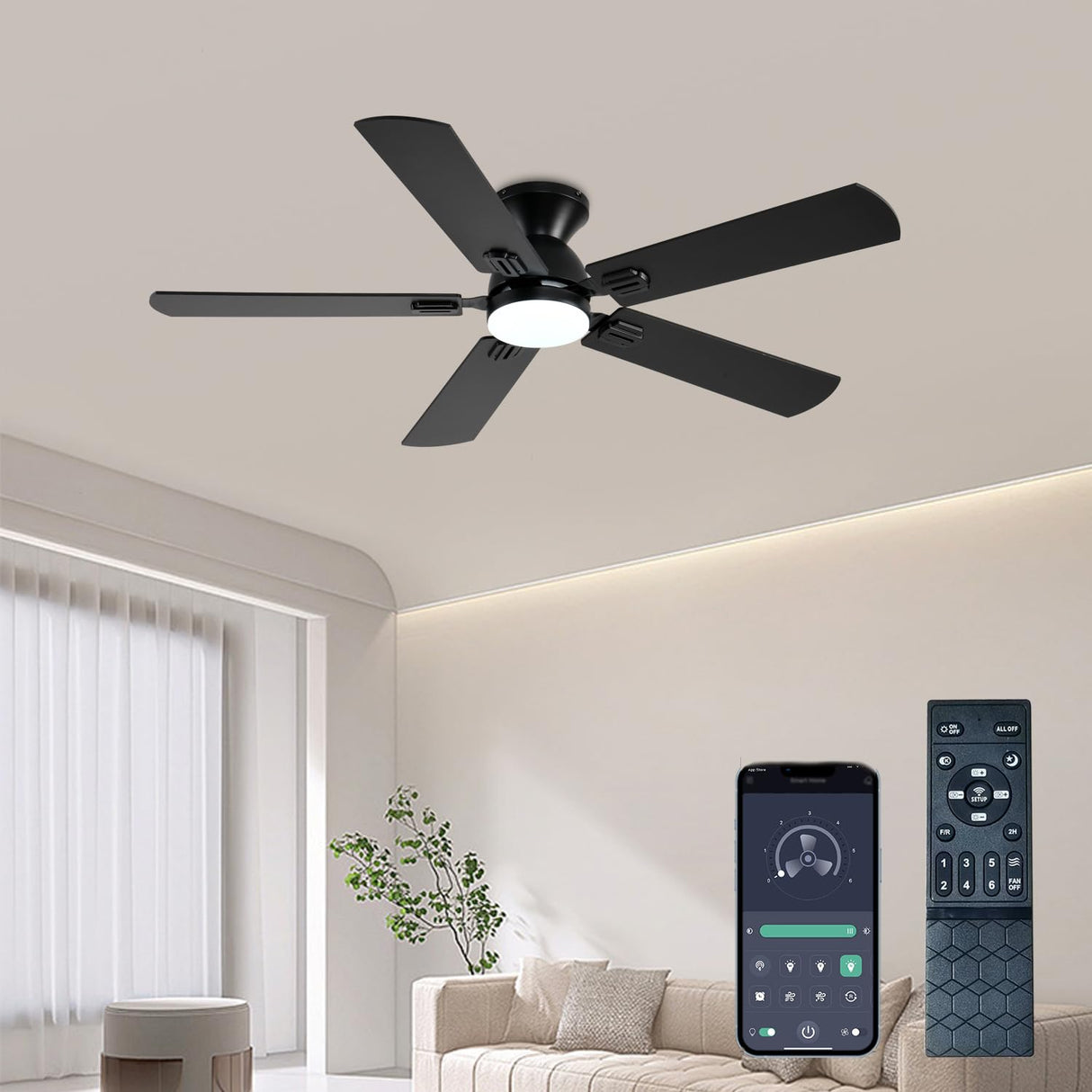 GJeg Ceiling Fans with Lights, 52 Inch Low Profile Ceiling Fan with Light and Remote/APP Control, Noiseless, LED Dimmable DC Reversible 6 Speeds, Flush Mount Black Ceiling Fan for Bedroom GJeg