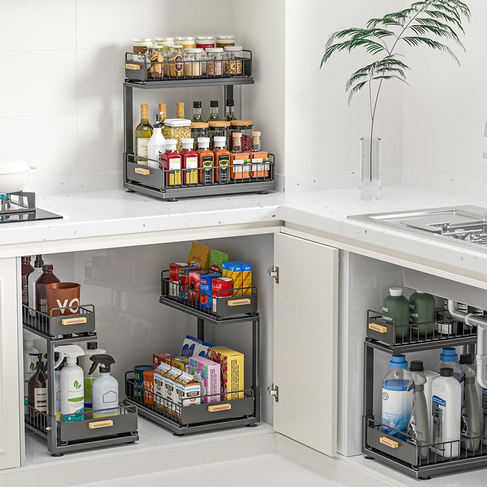 Under Sink Organizer Kitchen, 2 Tier Under Sink Organizers and Storage, Pull out Cabinet Organizer Shelf, Metal Drawer for Kitchen Bathroom Pantry Cabinet Closet Organization Rack, Black, 1 Pack HOMEBOSILY