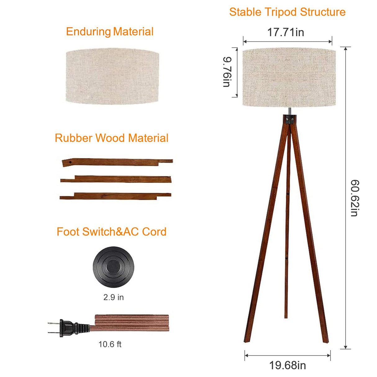 LEPOWER Wood Tripod Floor Lamp, Mid Century Standing Lamp, Modern Design Studying Light for Living Room, Bedroom, Study Room and Office, Flaxen Lamp Shade with E26 Lamp Base LEPOWER