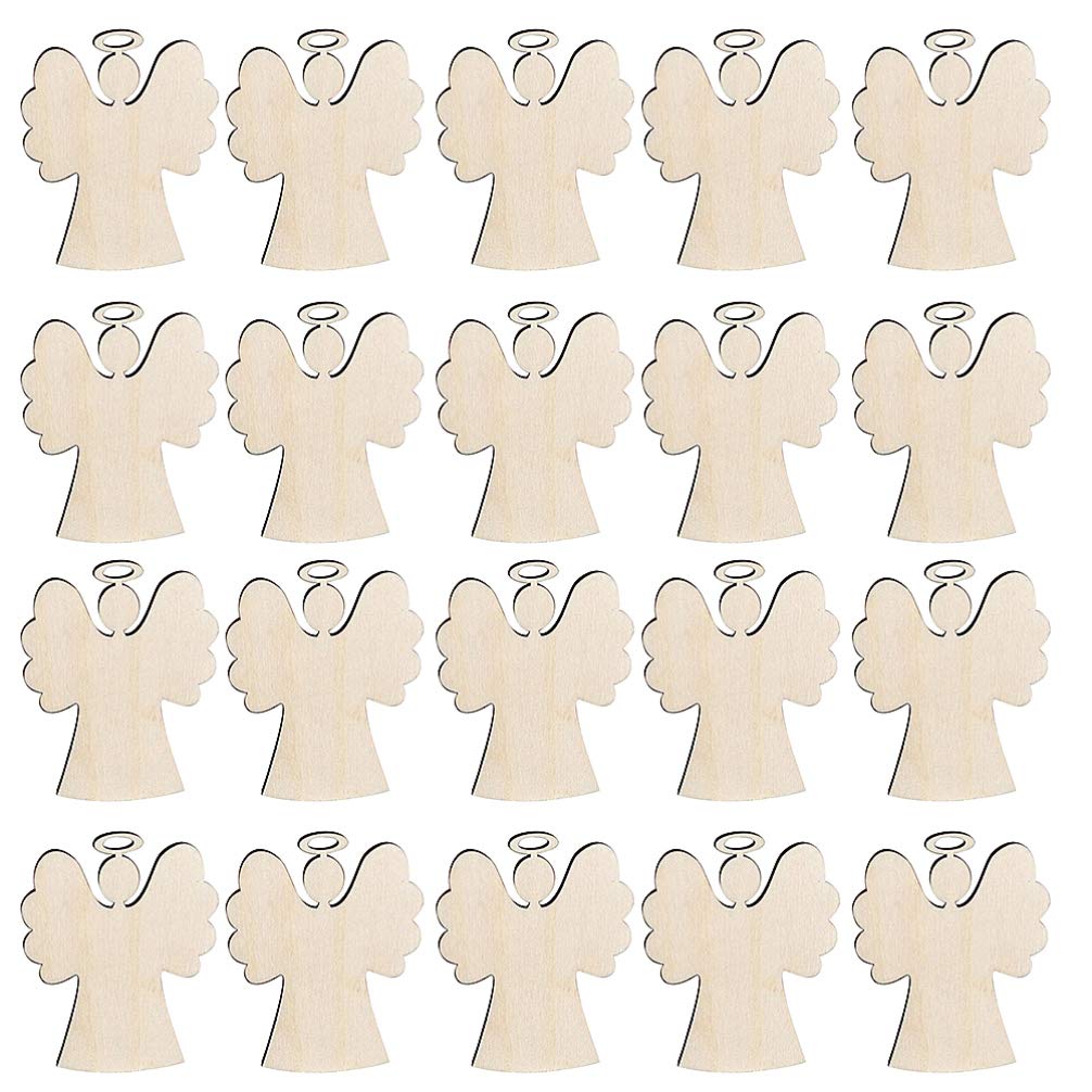 Amosfun 20Pcs Wooden Angel Shaped Pendants DIY Christmas Hanging Ornaments for Xmas Tree Amosfun