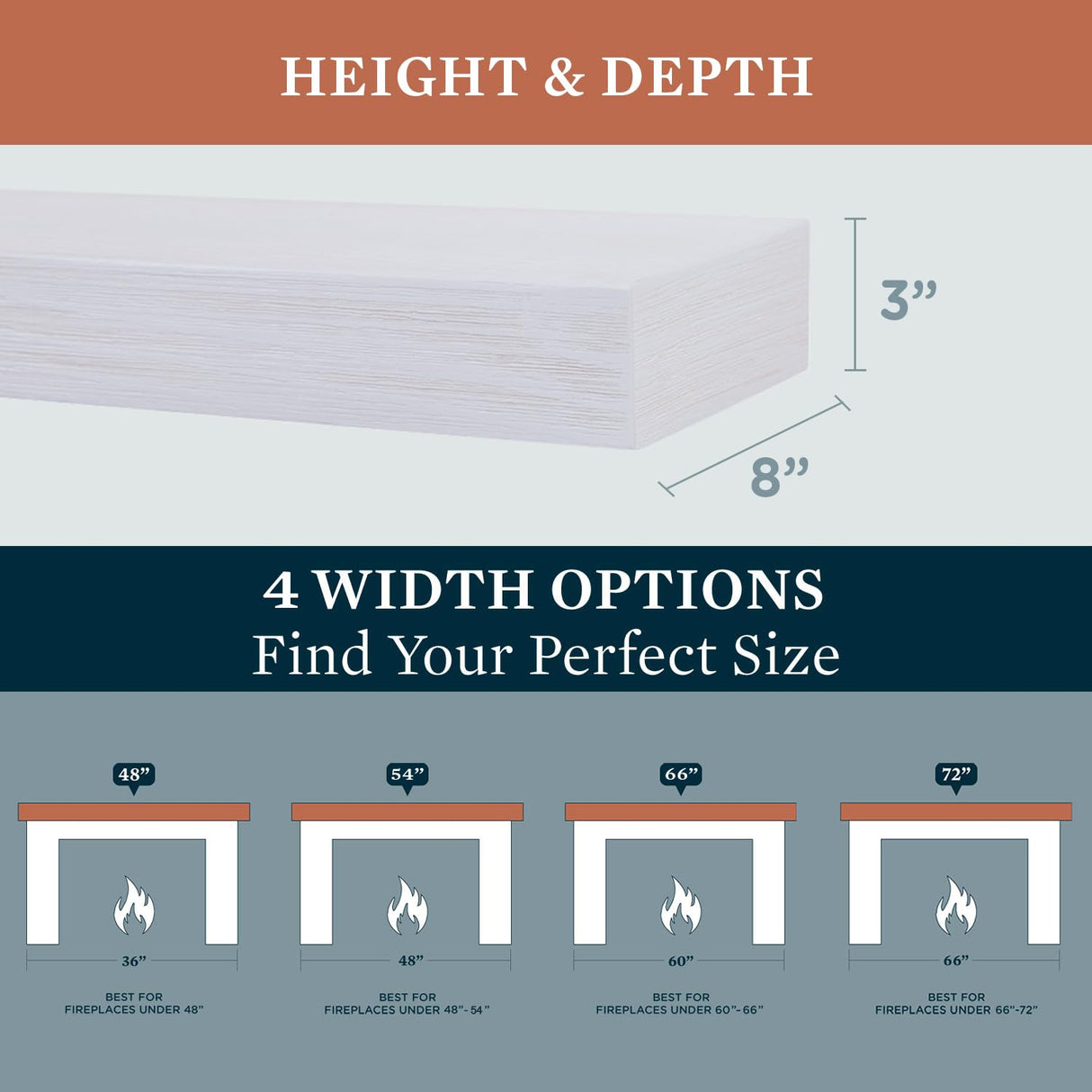Modern Ember Vara Wood Mantel Shelf - 48 Inch White Paint | 3 Inch Height - Variations in Grain and Natural Distresssing | Wooden Floating Wall Mounted Shelf - for Fireplaces & Décor Modern Ember