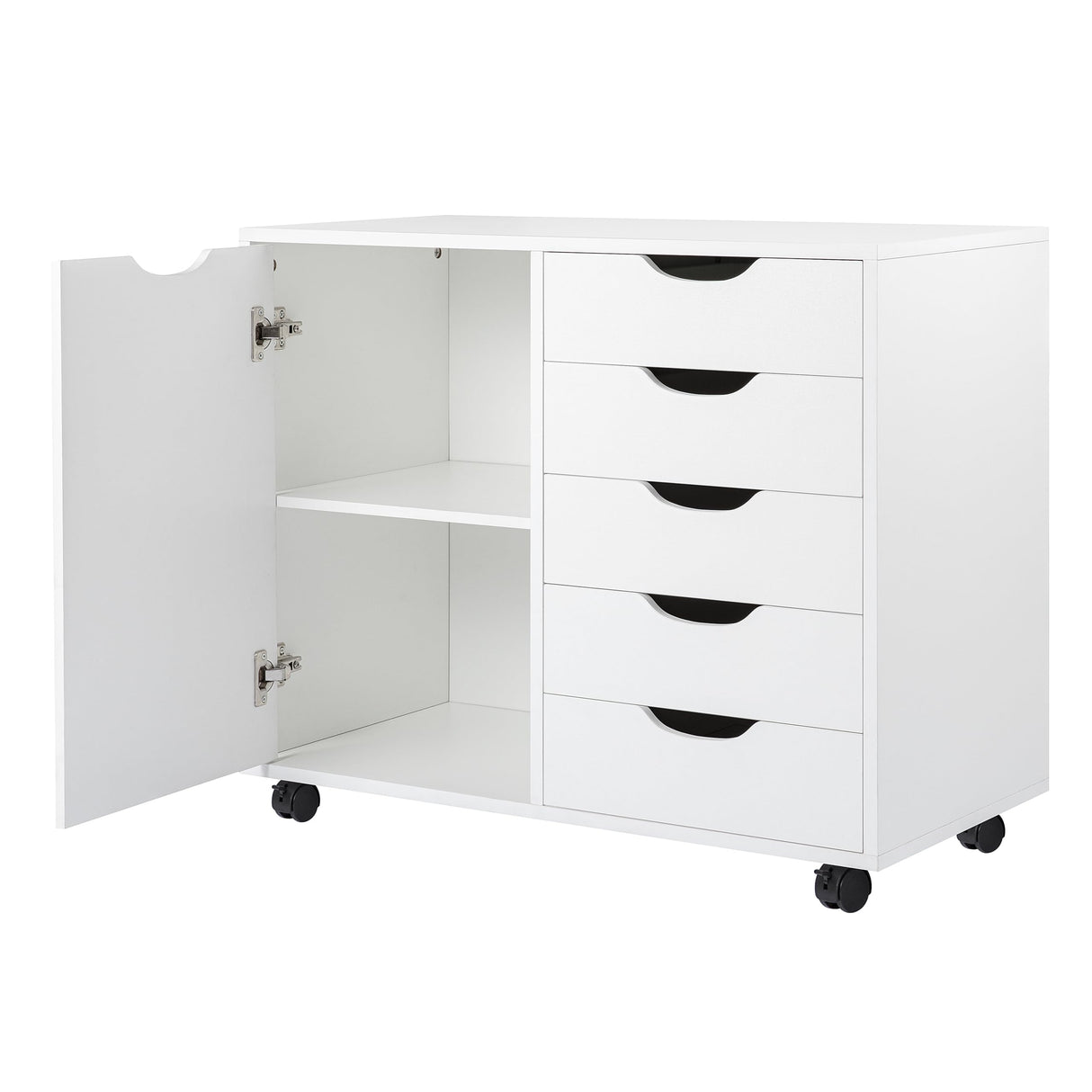 5-Drawer Dresser with 2-Shelf Cabinet, White, Smart Storage, Streamlined with Adjustable Dividers, Lockable Casters & Smooth Slides; Multi-Use Rolling Storage for Office, Craft Room, Bedroom Naomi Home