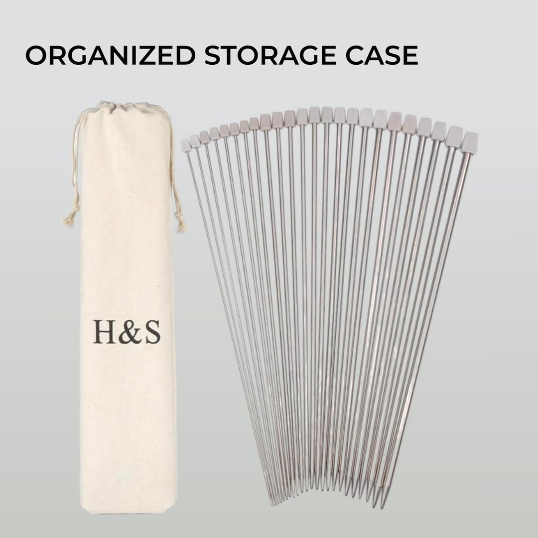 H&S Knitting Needles Set for Beginners Knitting Accessories - 11 Pairs of Stainless Steel Knitting Needles with Firm Grip Handle - Single Pointed Needle Set with Pouch for Easy Storage H&S