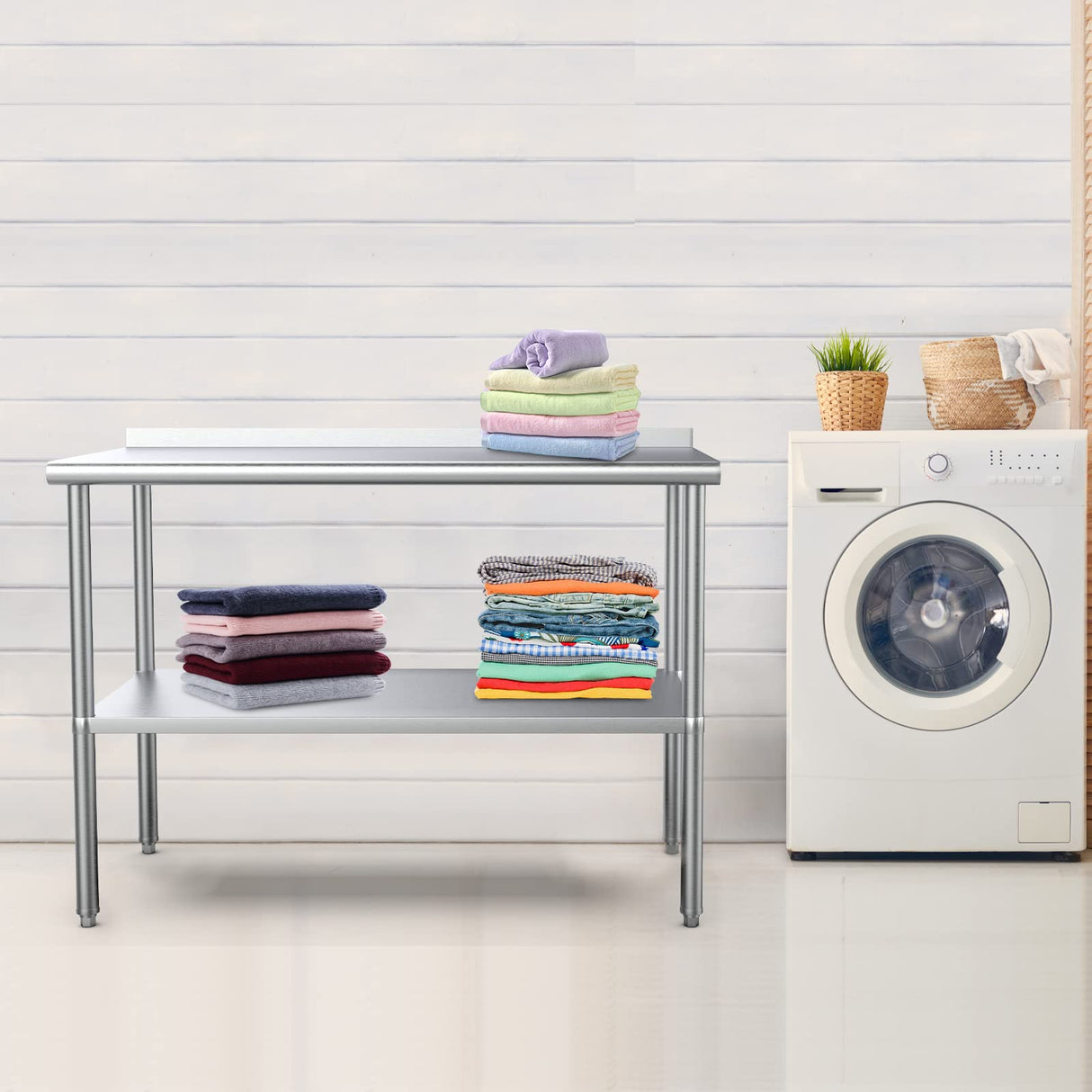 ROVSUN 36'' x 24'' Stainless Steel Table for Prep & Work,Commercial Worktables & Workstations,Heavy Dut Metal Table with Adjustable UnderShelf & Backsplash for Kitchen, Restaurant,Home,Hotel ROVSUN