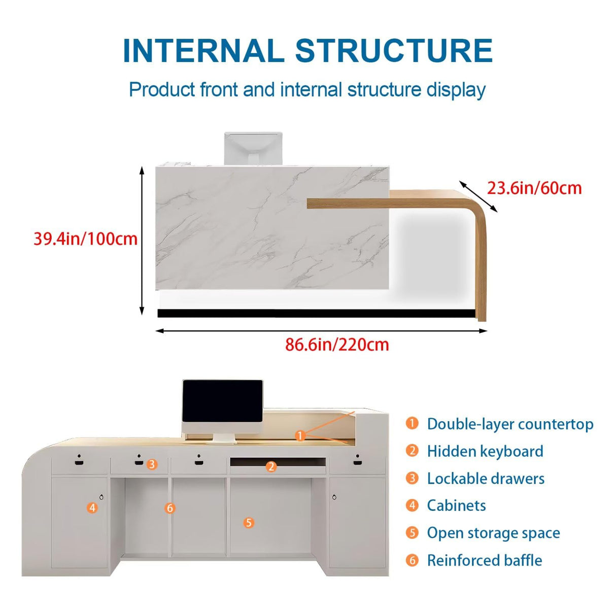Reception Desk with Counter Modern Front Receptionist Table Large Welcome Desk Checkout Counter for Reception Room, Office, Retail, Lobby, Beauty Salon White Right High Wood and White 87inch/220cm CHARON
