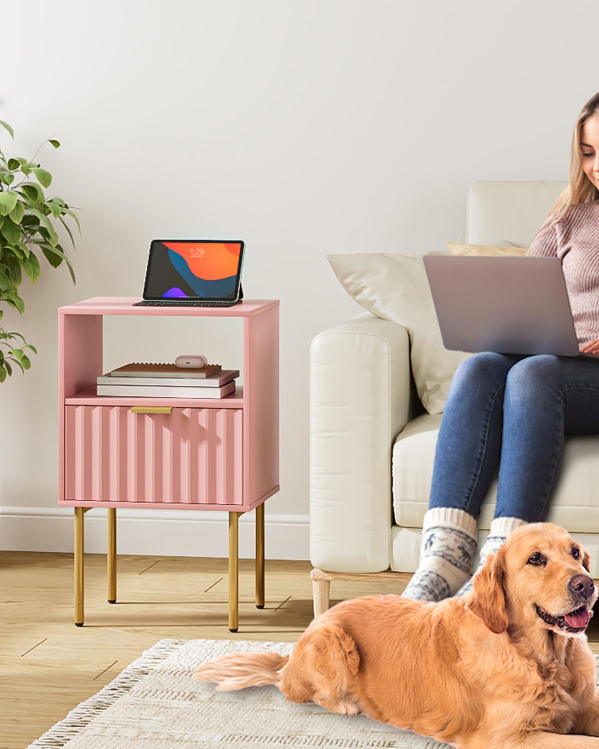 Aienvey Nightstand,Bedside Table with Gold Frame,Pink Night Stand,Bedside Furniture, Modern Side Table with Drawer and Shelf for Bedroom,Living Room (Pink, Large) Aienvey