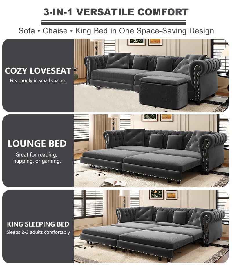 LuxyHoom 89" King Pull Out Sofa Bed, Velvet Chesterfield Sleeper Sofa Couch, 3 in 1 Convertible Tufted Futon Couches with Ottoman for Living Room, Small Space, Apartment, Office, Bedroom, Gray LuxyHoom
