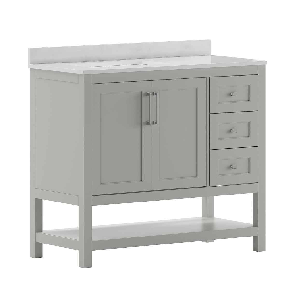 EMMA + OLIVER Vesta 42 Inch Bathroom Vanity, Single Sink Cabinet with 2 Soft Close Doors, Open Shelf and 3 Drawers, Carrara Marble Finish Countertop, Gray EMMA + OLIVER