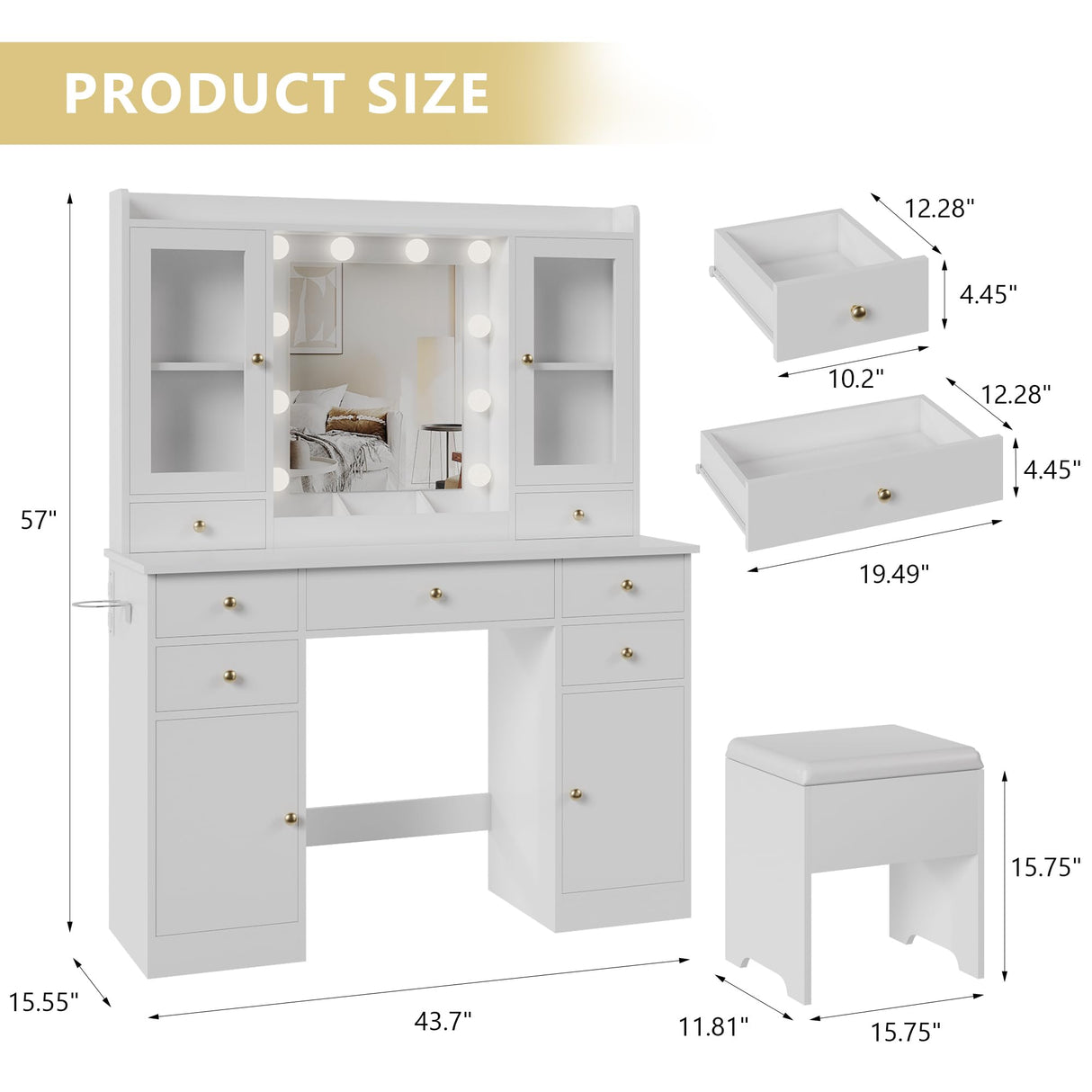Makeup Vanity Desk with Mirror and Lights, White Vanity Table Set with Storage Drawers, Charging Station, Cabinets & Chair, Large Dressing Table with RGB Ambient Light for Women Girls Bedroom Bathroom Xixini