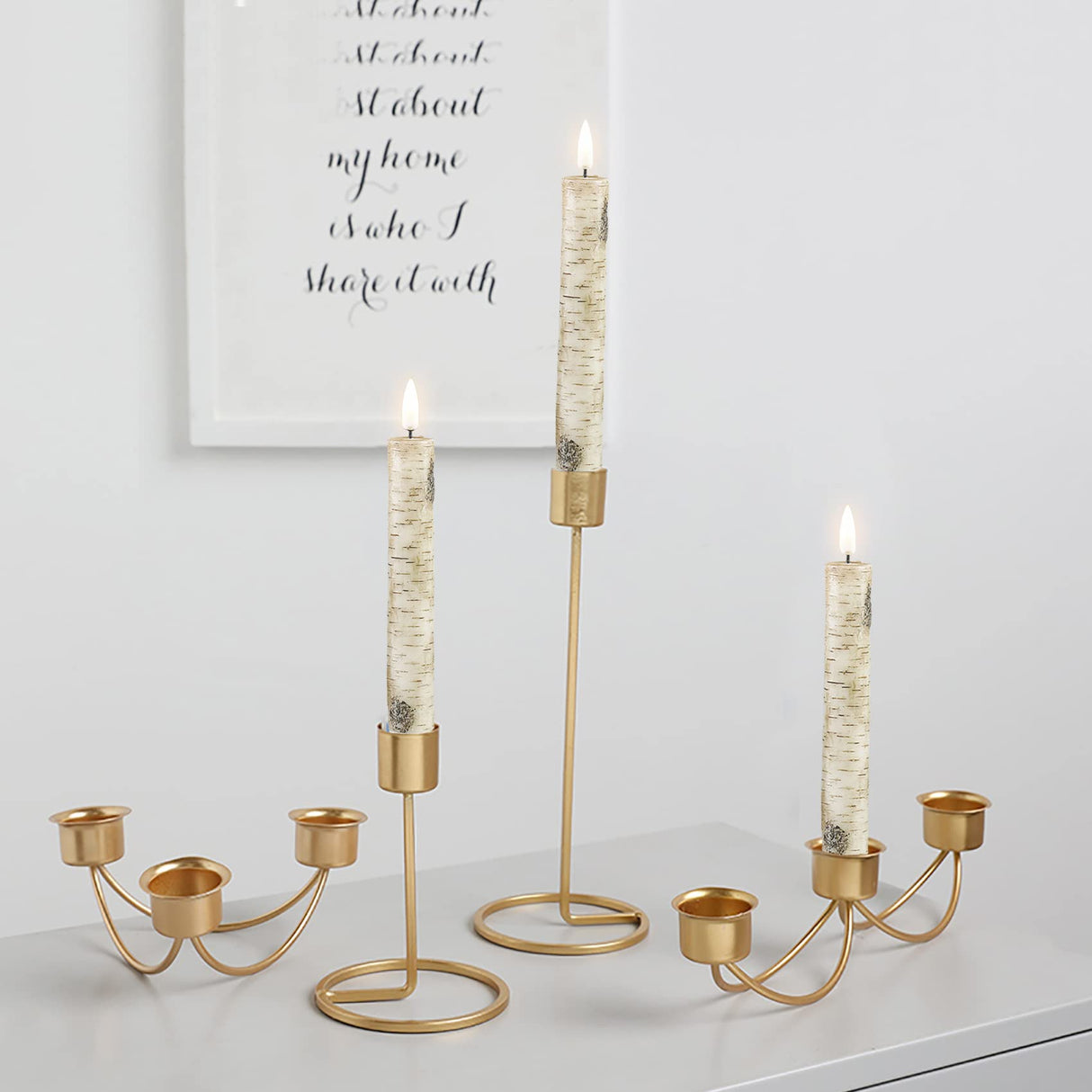 Eywamage Short Birch Bark Flameless Taper Candles with Remote, Flickering Wood LED Wax Candlesticks Set of 6 Eywamage