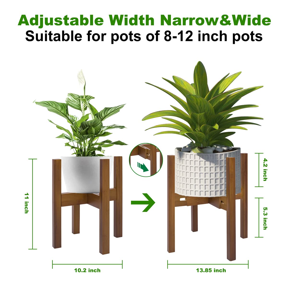 Rnined Adjustable Plant Stand Indoor,Bamboo Mid Century Modern Plants Stands, Stable Plant Holder,Fit 8 9 10 11 12 inch Pots (Pot & Plant Not Included) Rnined