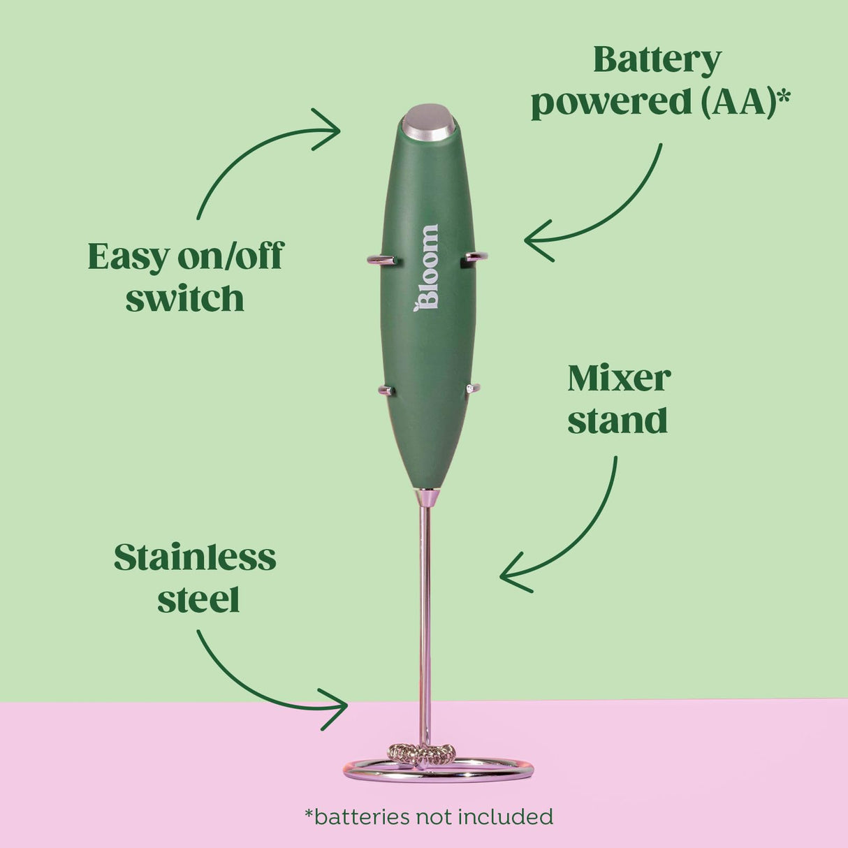 Bloom Nutrition Milk Frother, Hand Mixer, Electric, Handheld Drink Stirrer, Frothing Wand, Foam Maker for Coffee, Matcha, Protein, Greens, Stainless Steel, Battery Operated, Includes Whisk Stand Bloom Nutrition