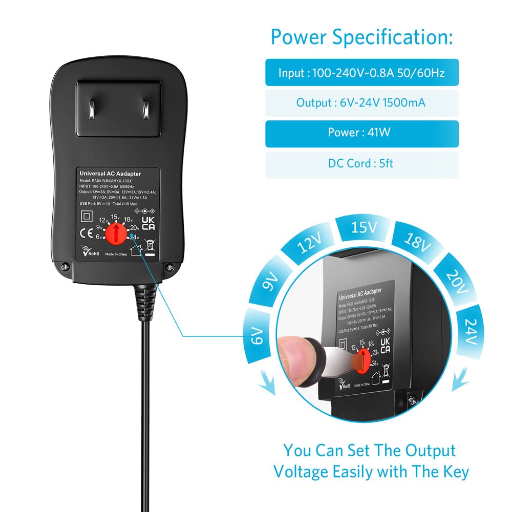 Belker 41W Universal 6V 9V 12V 15V 18V 20V 24V AC DC Adapter Power Supply for Household Electronics Router Smart Phone Mp3 Tablets CCTV Cameras - Max. Amps 1.5A 1500mA Belker