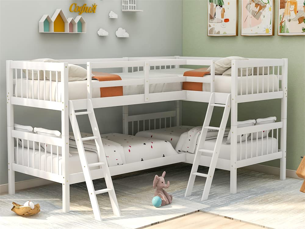 Four Bed, Twin Over Twin L-Shaped Bunk Bed with 2 Ladders, Wooden Corner Bunk Beds for 4 Person, Quad Bunk Bed with Angle Ladder and Guardrail for Children Teens Adults, No Box Spring Needed,White TRIPLE TREE