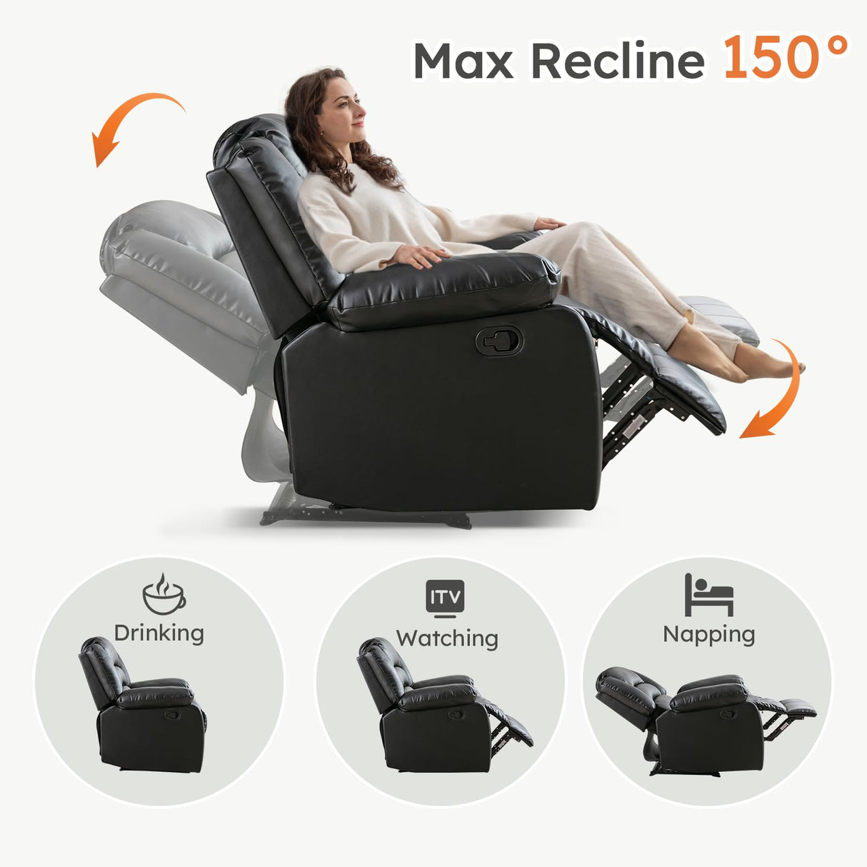 ANJ Traditional Recliner Chair, Breathable PU Leather, Extra Wide Manual Recliner with Overstuffed Arm and Back, Single Sofa Chair for Living Room, Bedroom (Black) ANJ